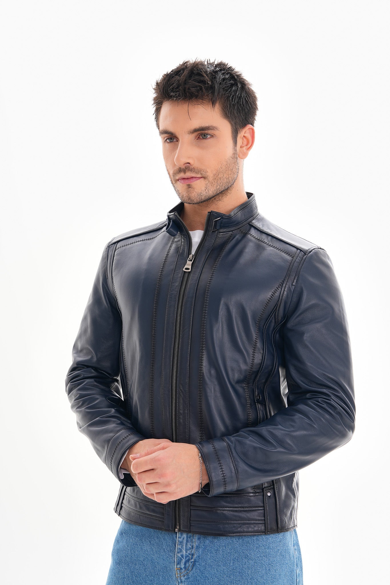 The Arezzo Navy Blue Leather Men Jacket