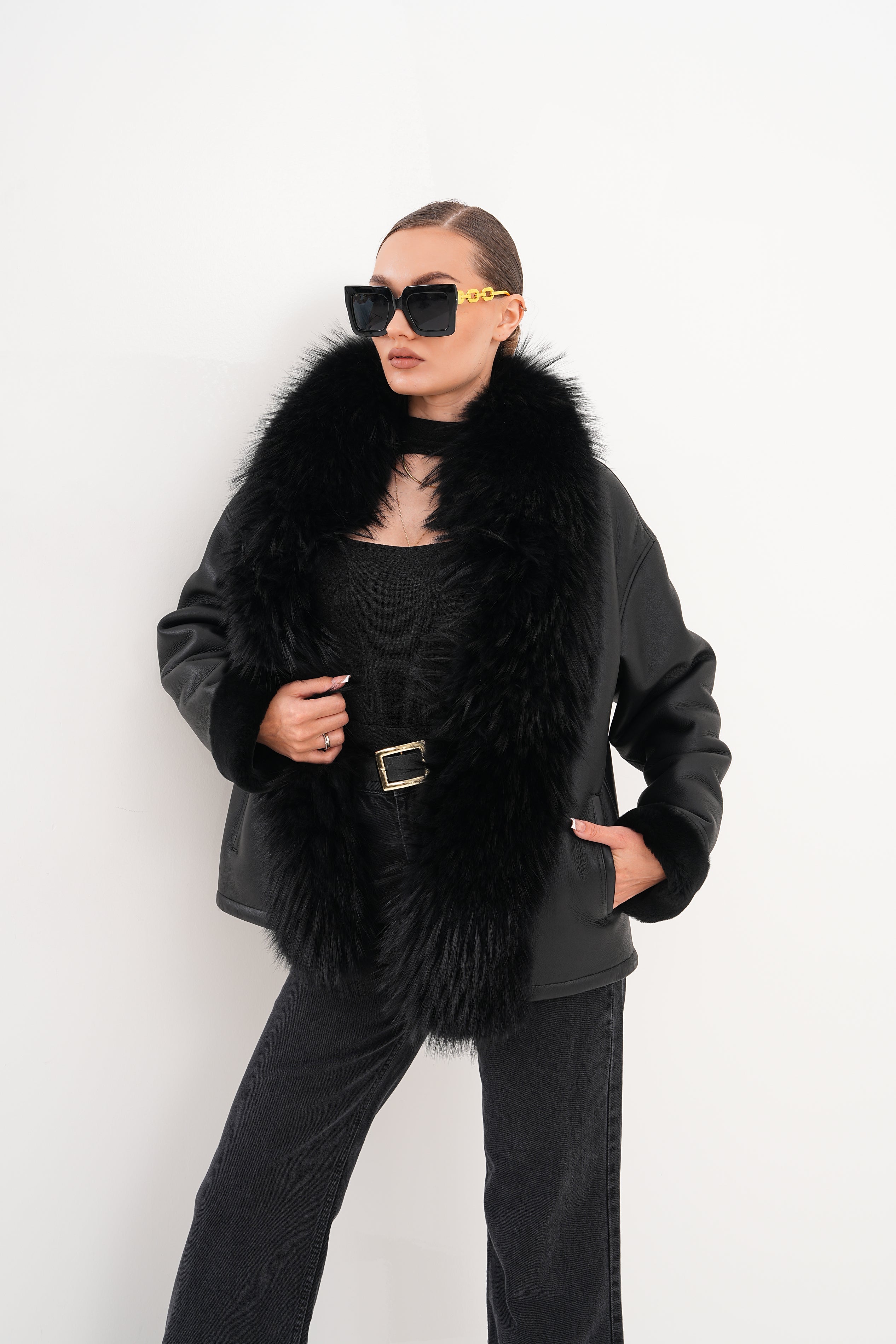 The Elise Black Shearling Leather Women Jacket