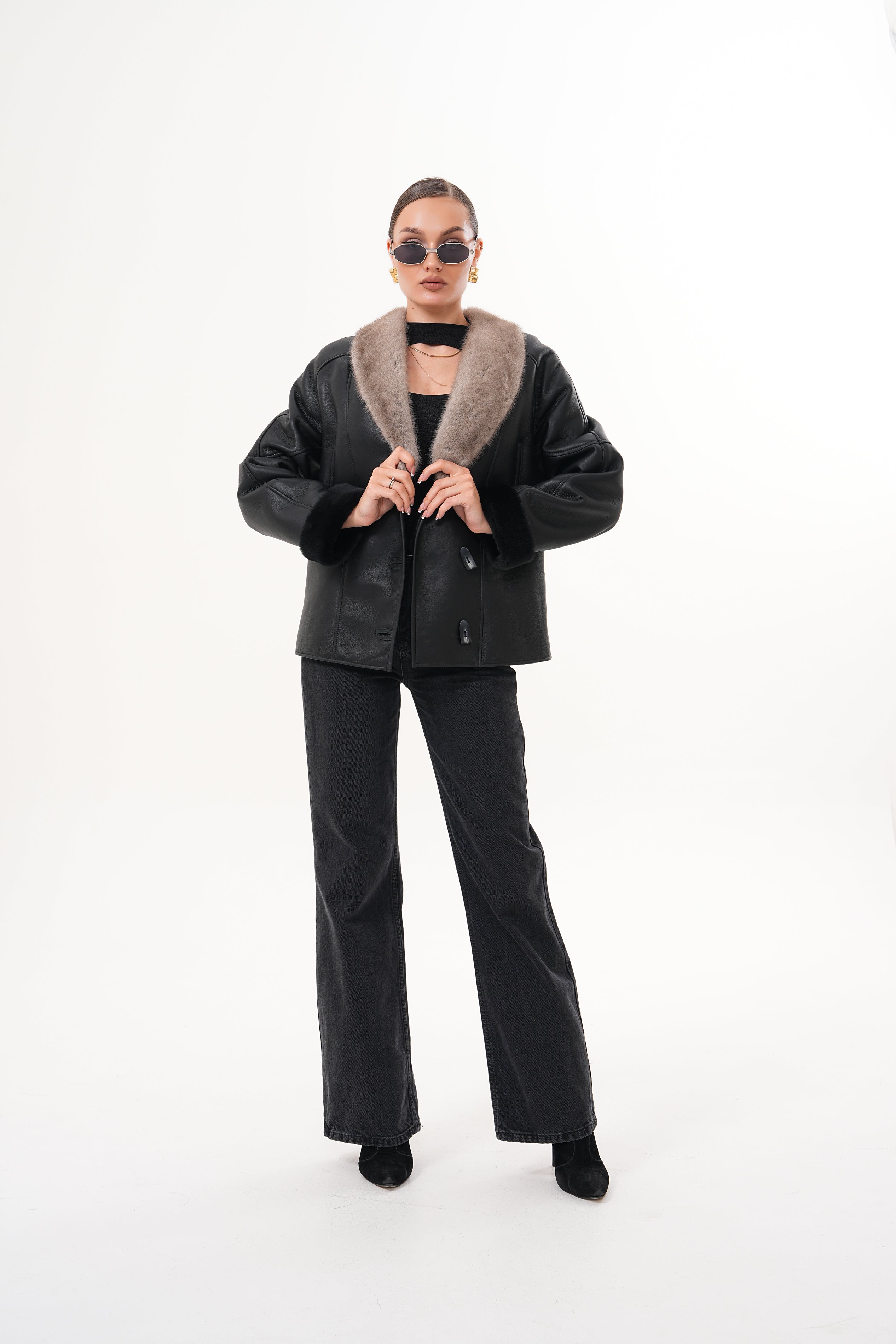The Estelle Black & Beige Shearling Leather Women Jacket