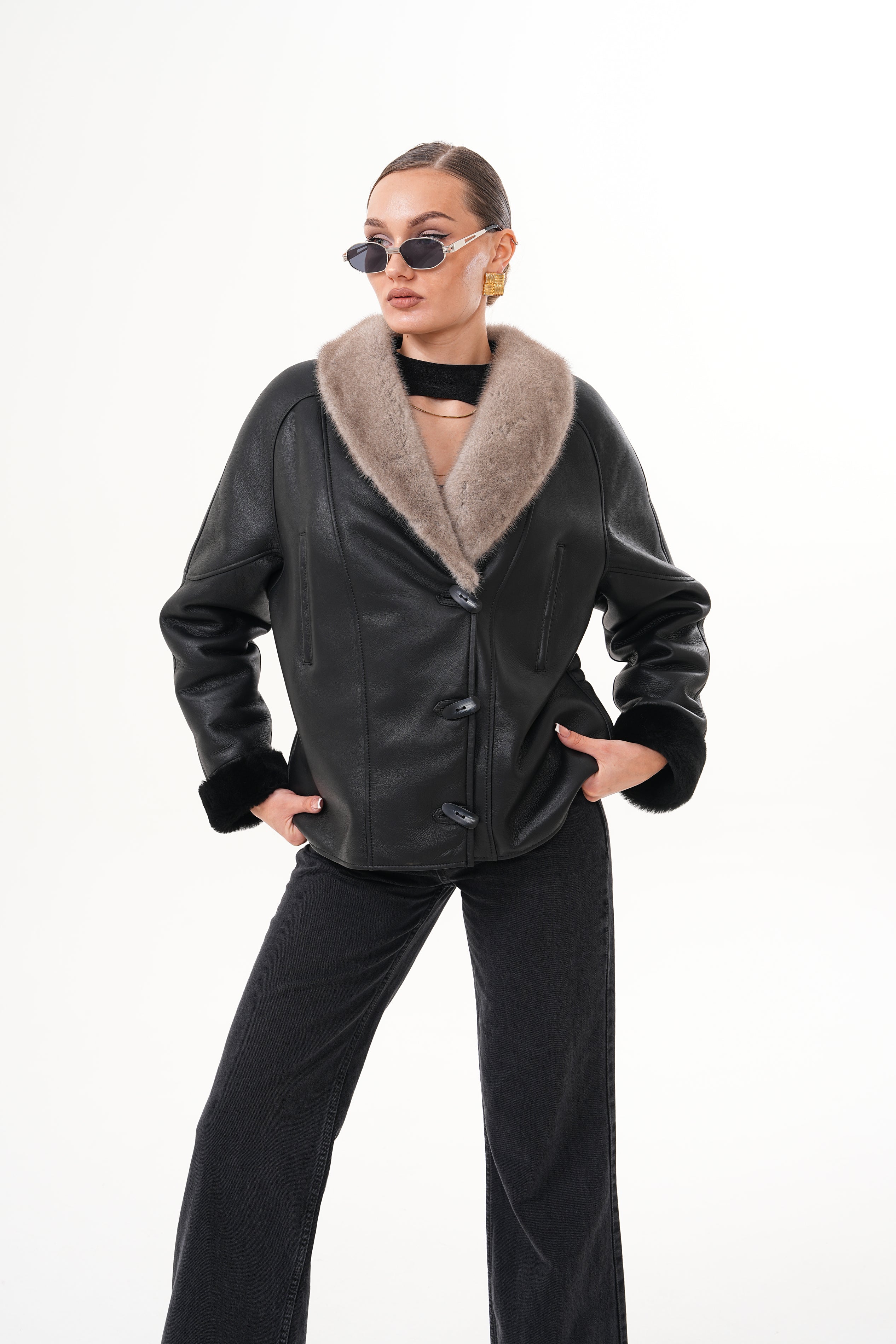 The Estelle Black & Beige Shearling Leather Women Jacket