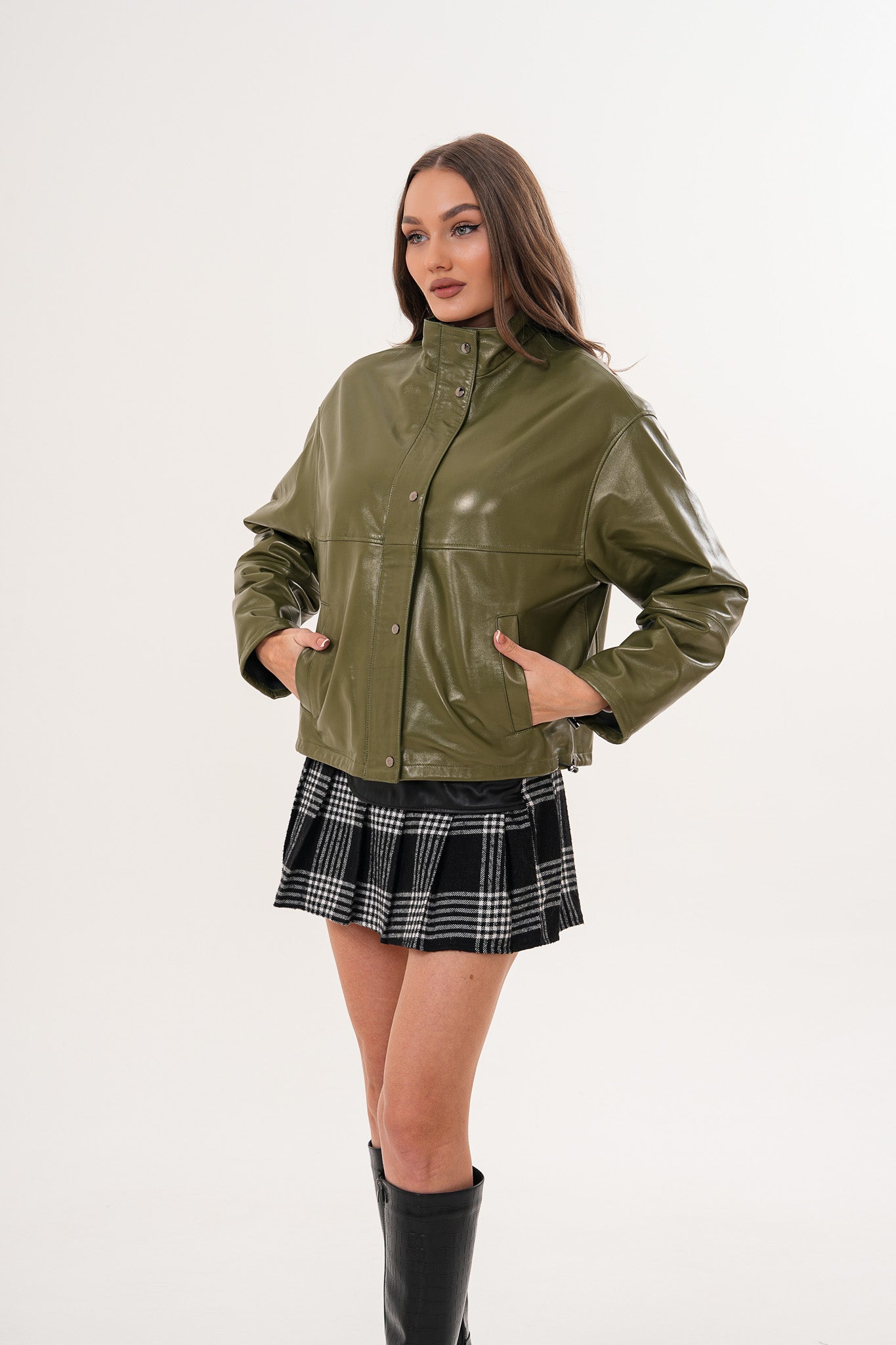 The Kireya Olive Green Genuine Leather Women Jacket