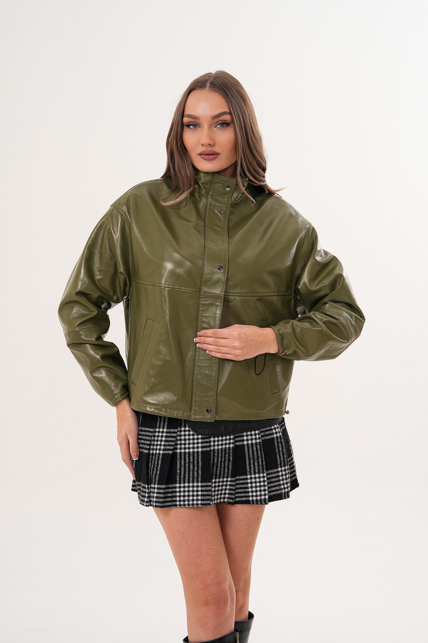 The Kireya Olive Green Genuine Leather Women Jacket