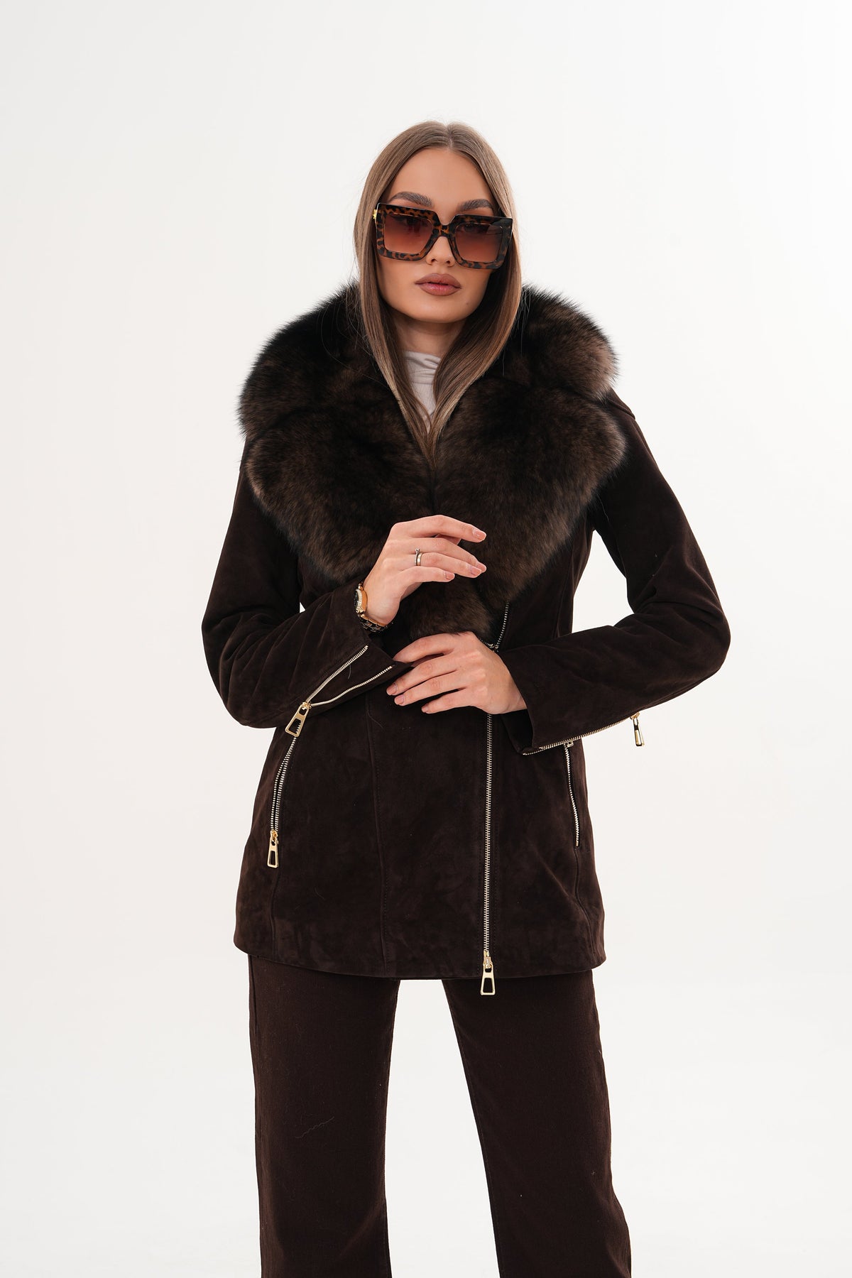 Vinci Leather The Alessia Brown Leather & Fox Fur Women Jacket – product view 9