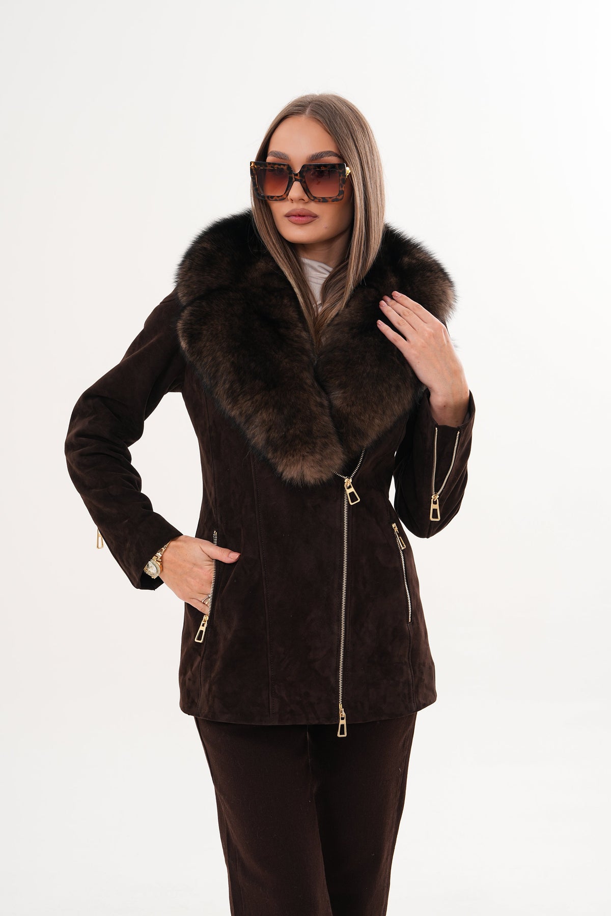 Vinci Leather The Alessia Brown Leather & Fox Fur Women Jacket – product view 11