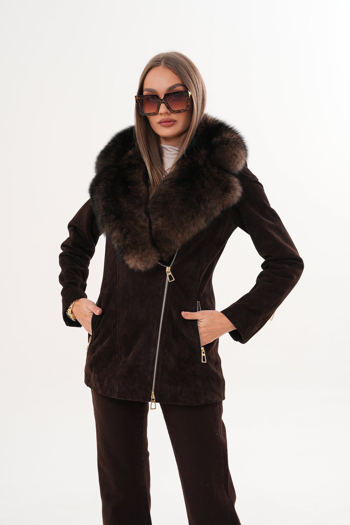 Vinci Leather The Alessia Brown Leather & Fox Fur Women Jacket – product view 1