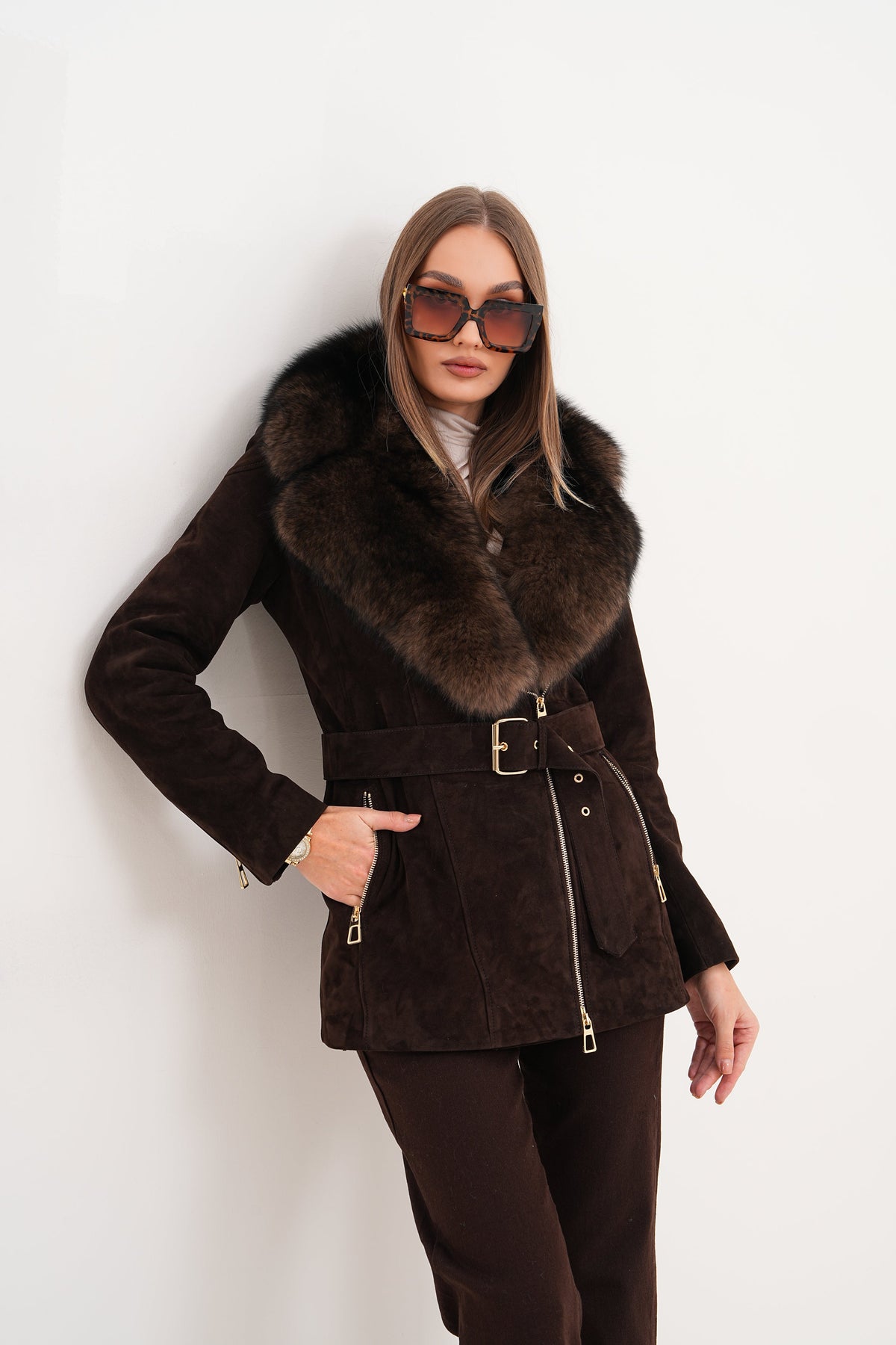 Vinci Leather The Alessia Brown Leather & Fox Fur Women Jacket – product view 15