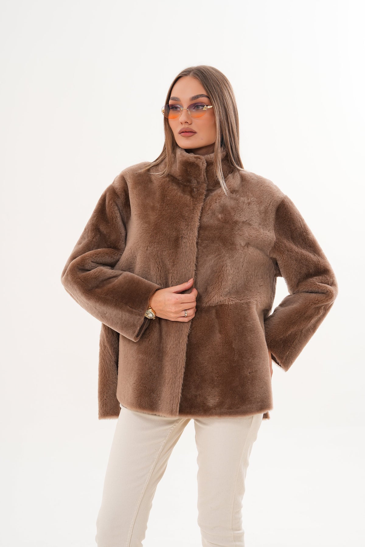 Vinci Leather The Belluna Camel Reversible Shearling Women Jacket – product view 12