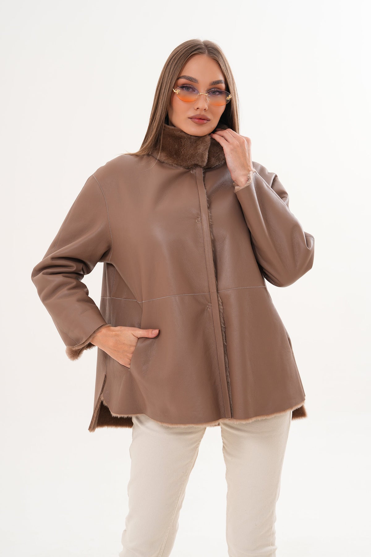 Vinci Leather The Belluna Camel Reversible Shearling Women Jacket – product view 2