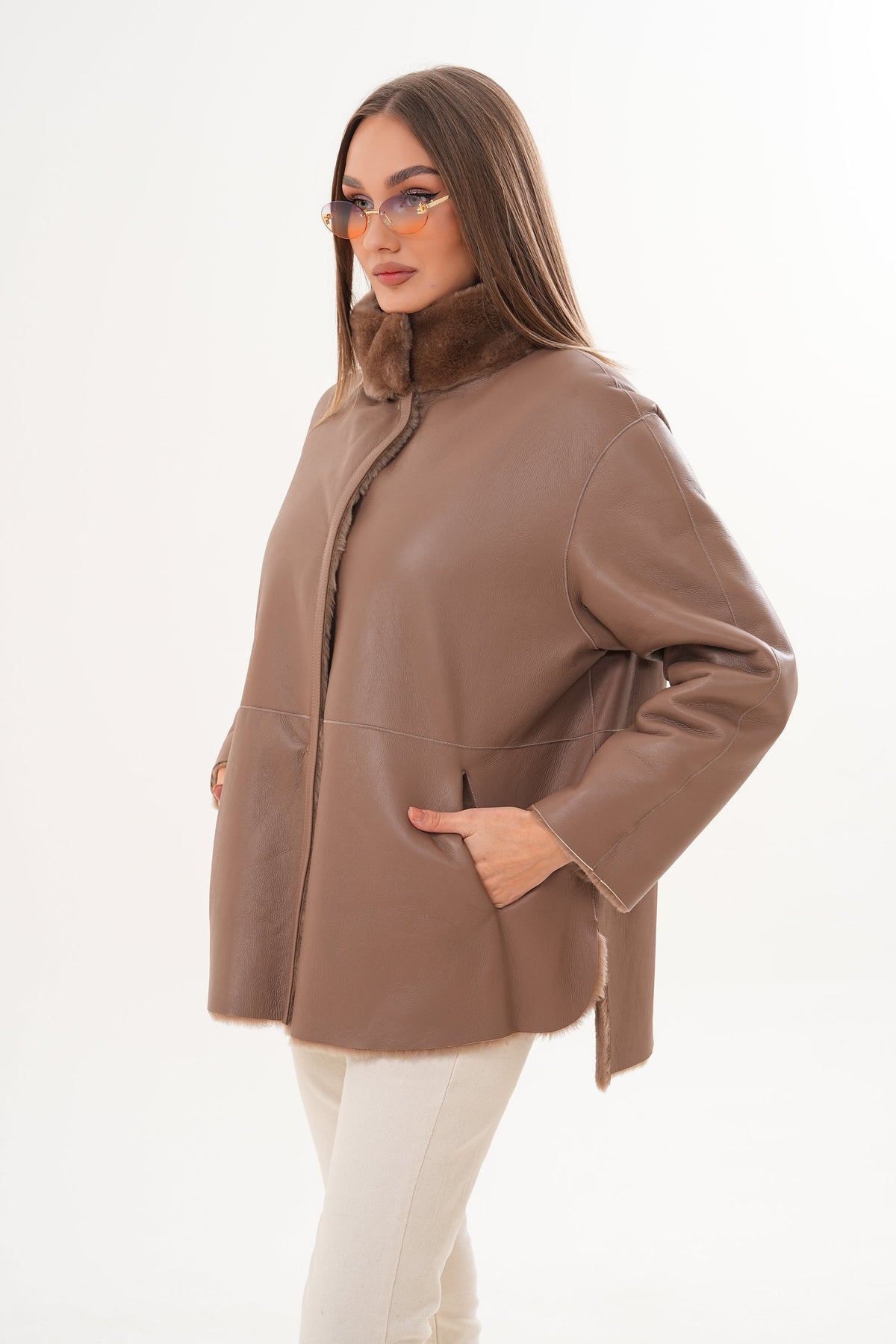 Vinci Leather The Belluna Camel Reversible Shearling Women Jacket – product view 18