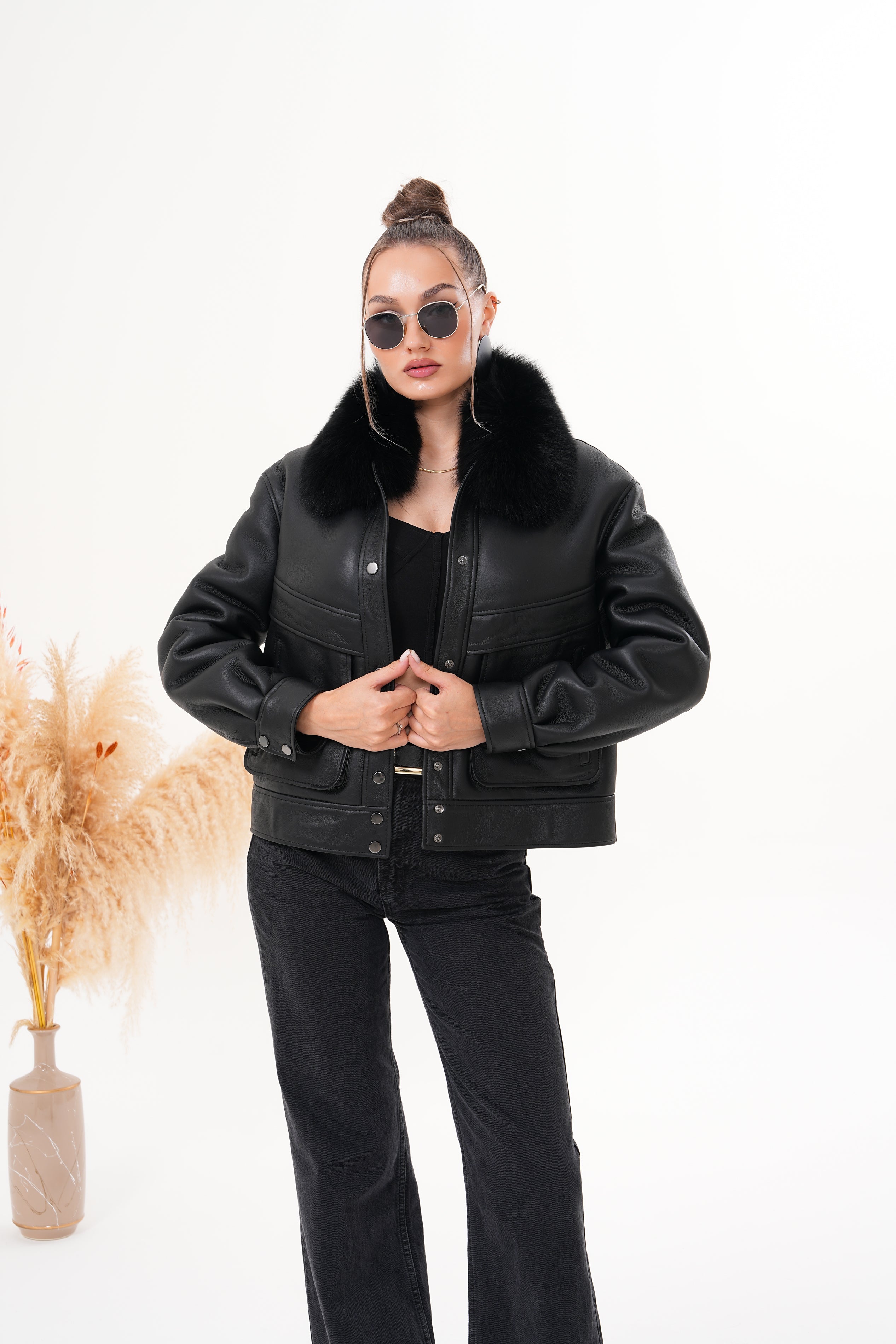 The Auretta Black Shearling Leather Women Jacket
