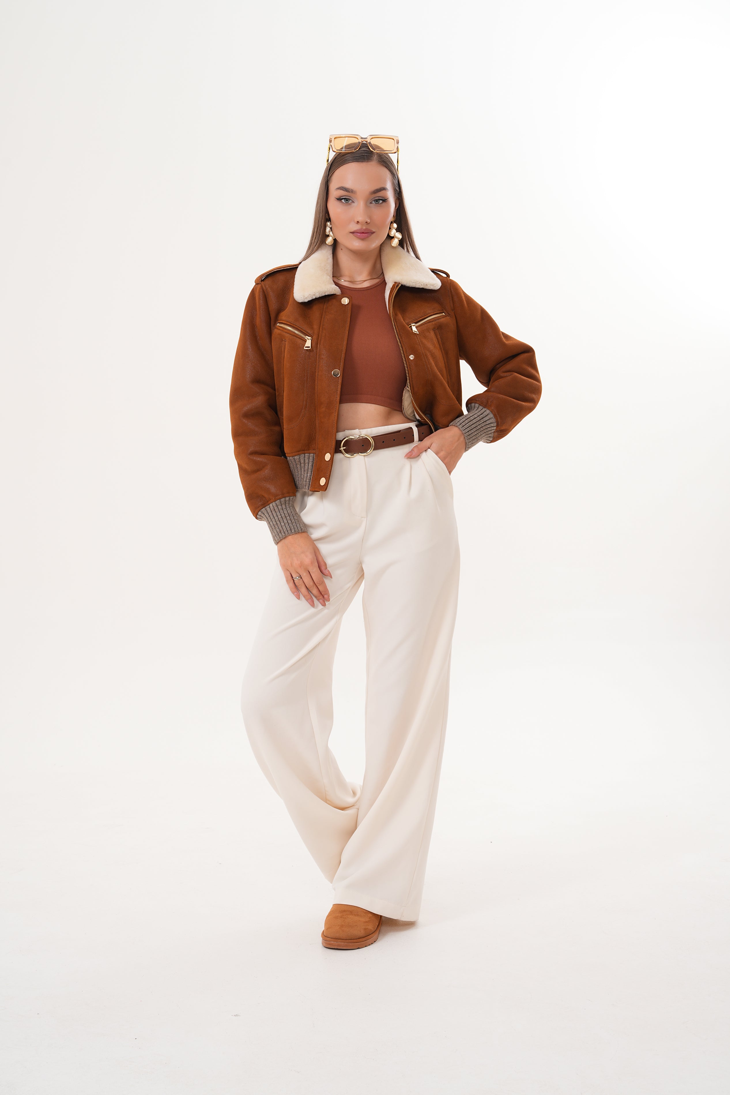 The Amber Shearling Collar Brown Suede Women Leather Jacket