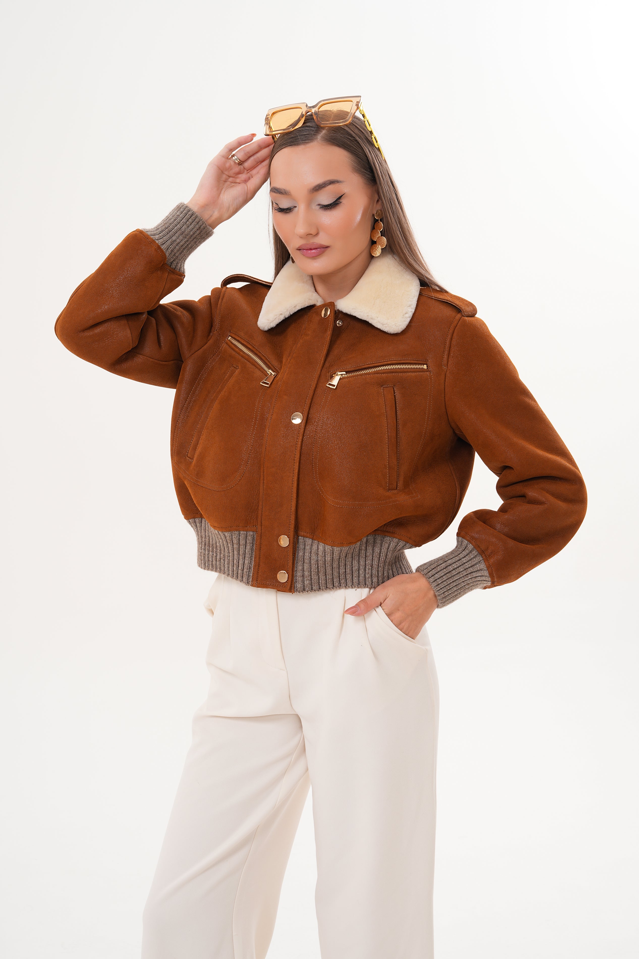 The Amber Shearling Collar Brown Suede Women Leather Jacket