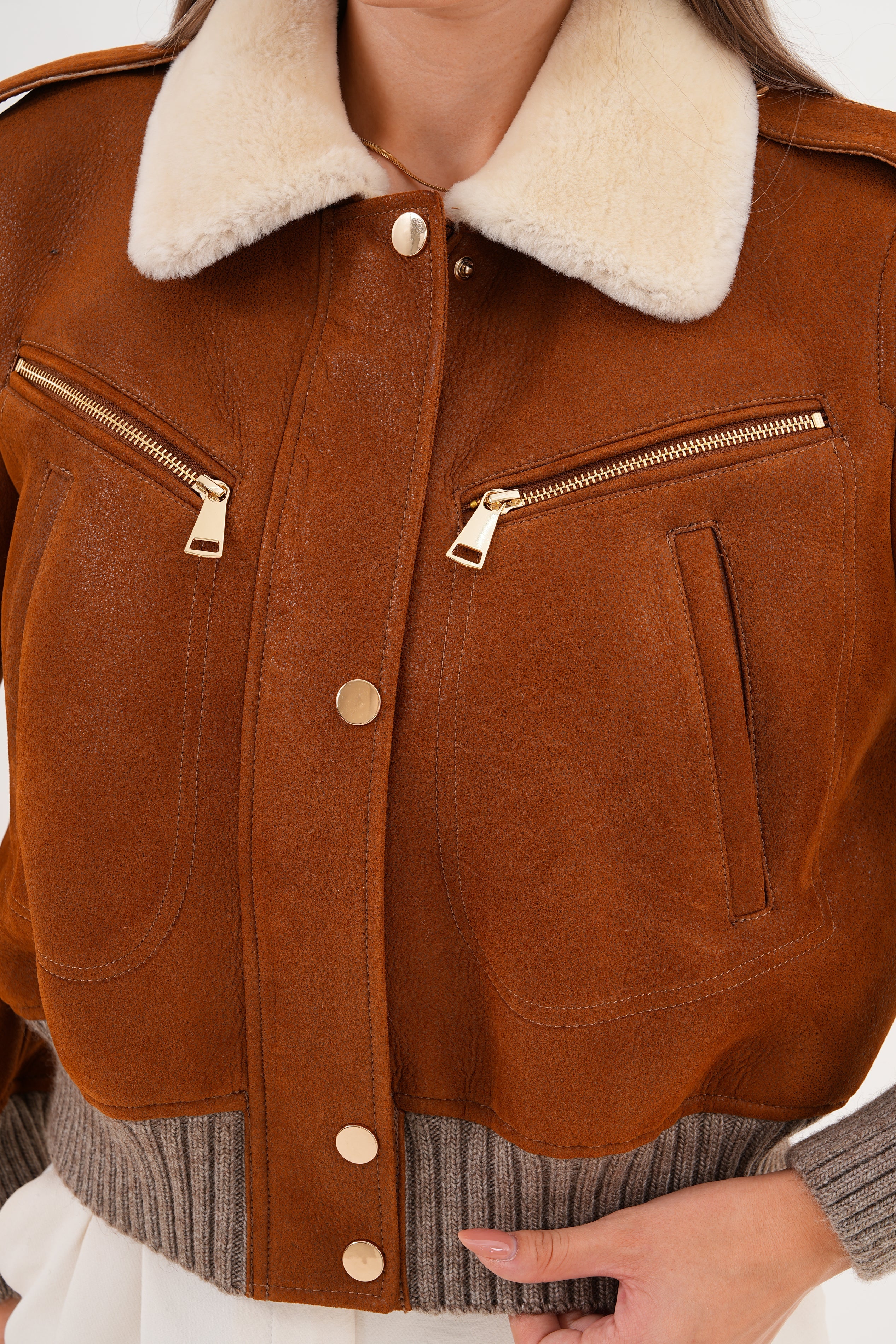The Amber Shearling Collar Brown Suede Women Leather Jacket