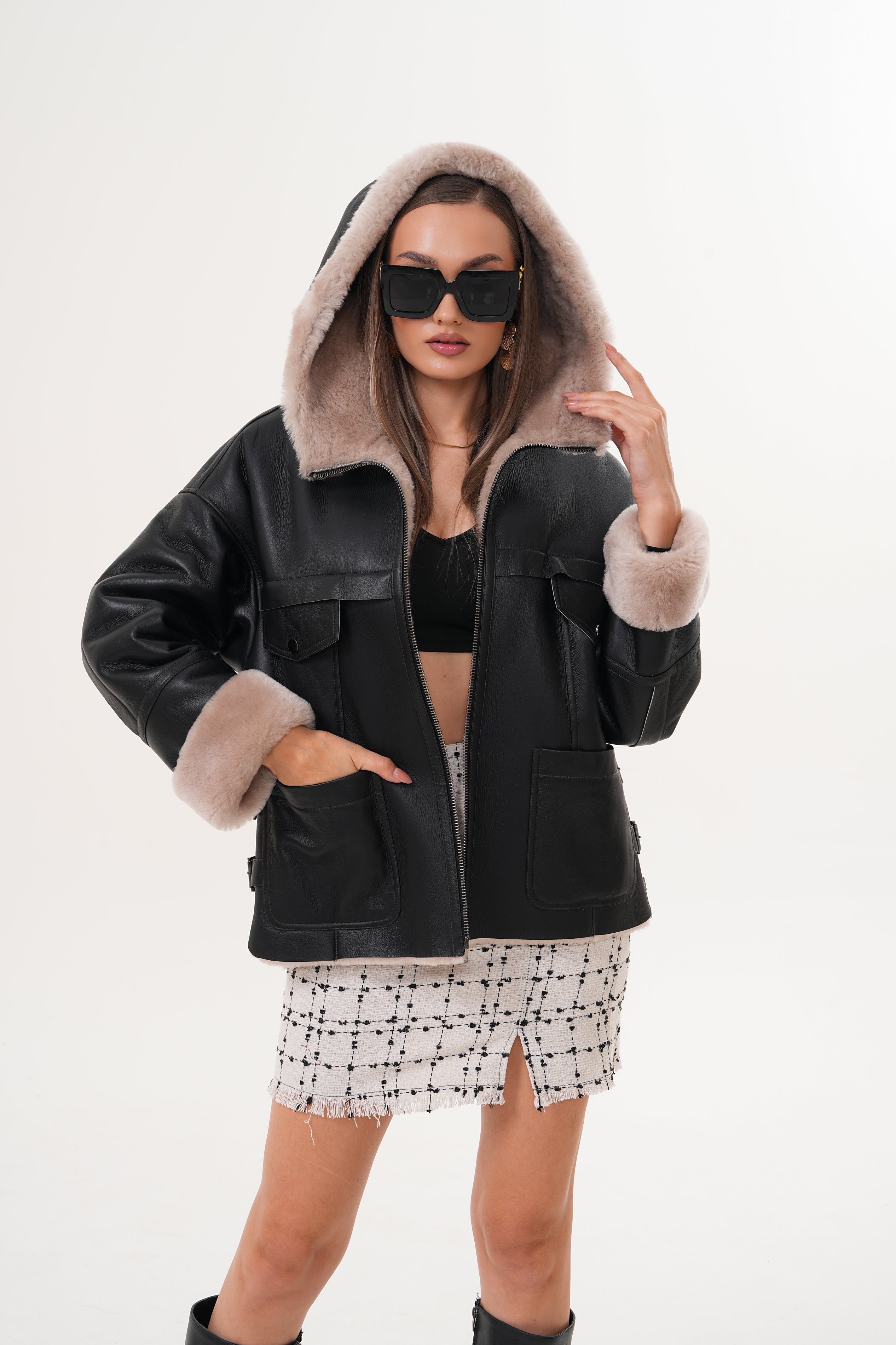 The Aspen Black Hooded Shearling Leather Women Jacket
