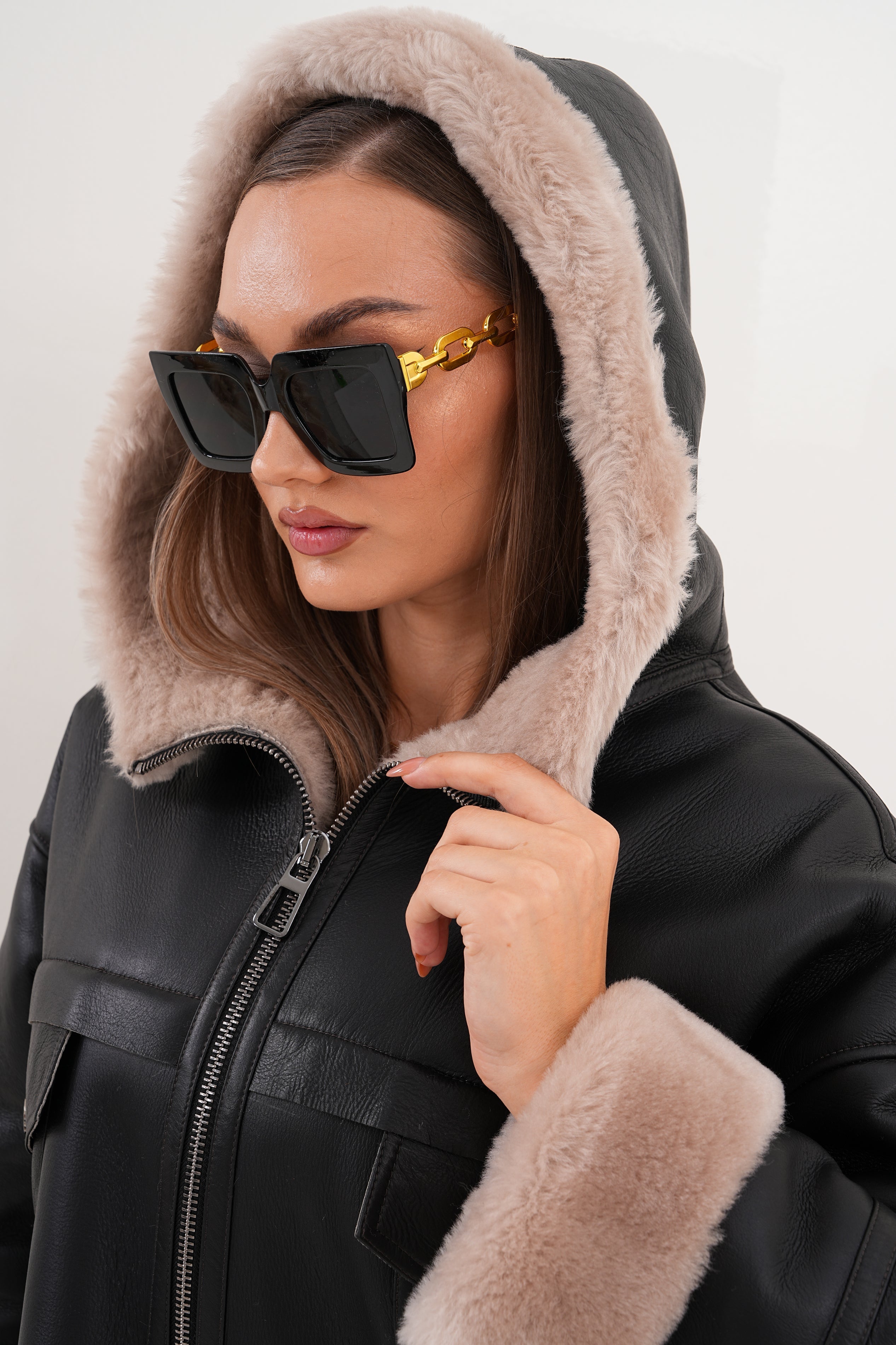 The Aspen Black Hooded Shearling Leather Women Jacket