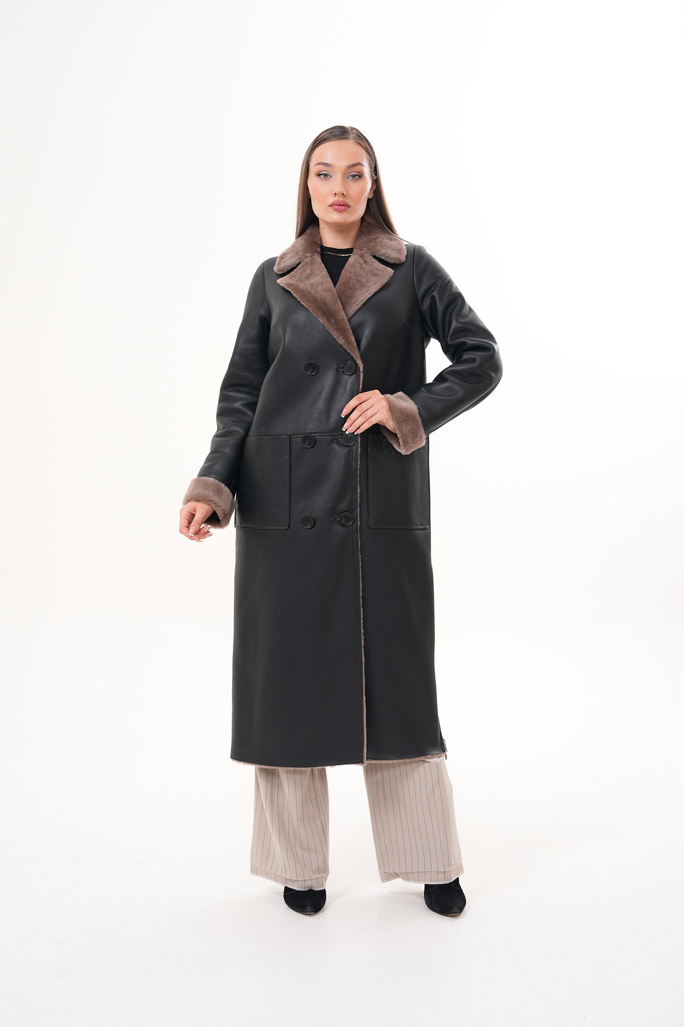 The Florence Long Shearling Black Leather Women Jacket