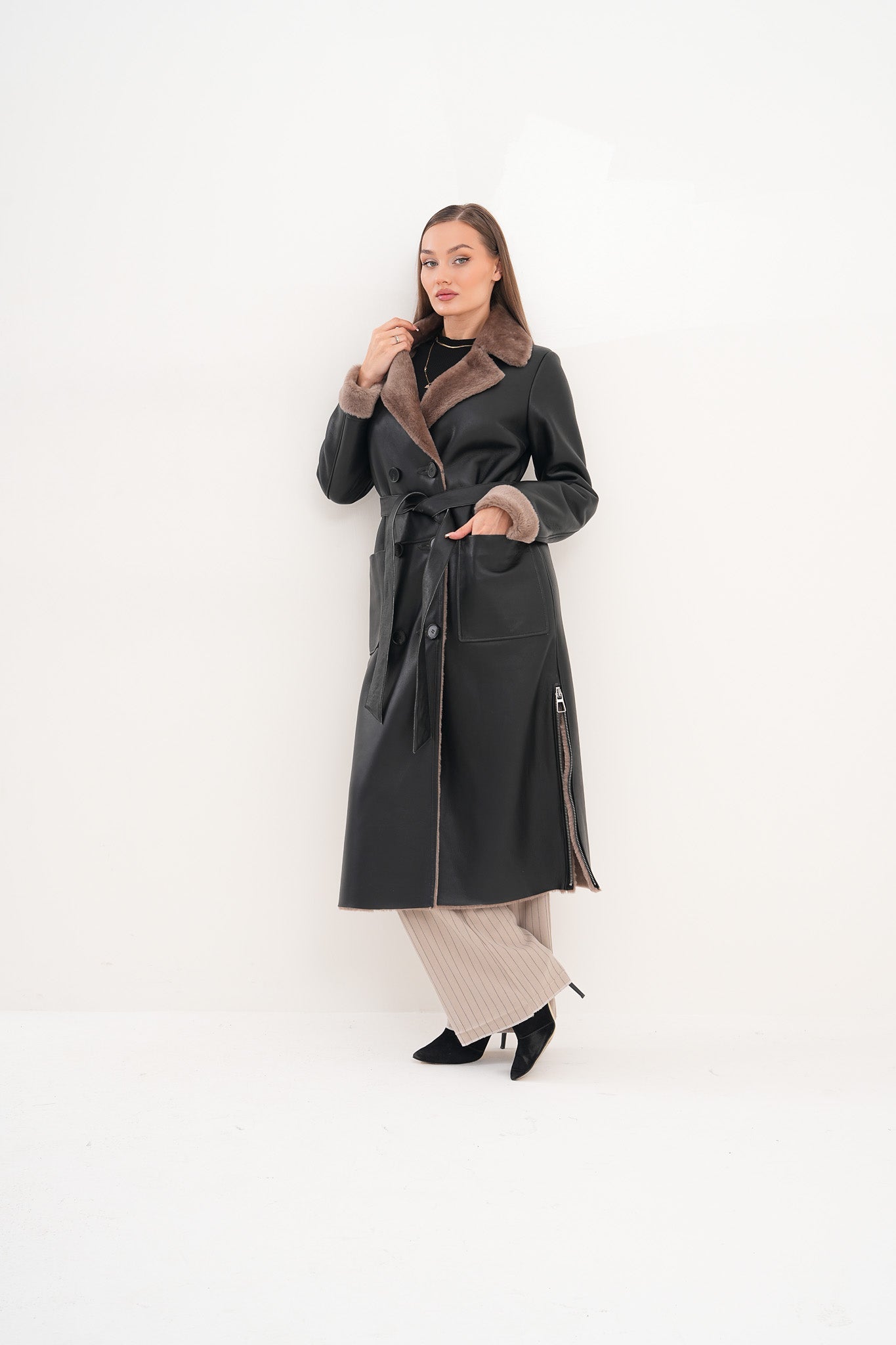 The Florence Long Shearling Black Leather Women Jacket