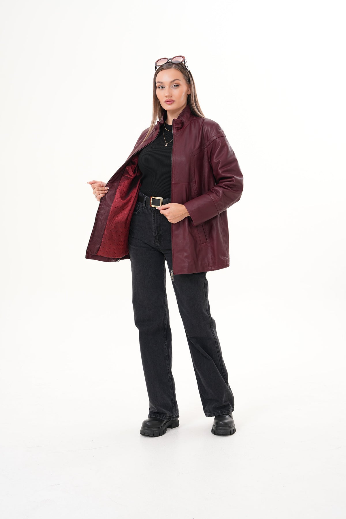 Vinci Leather The Sierra Burgundy Leather Women Jacket – product view 11