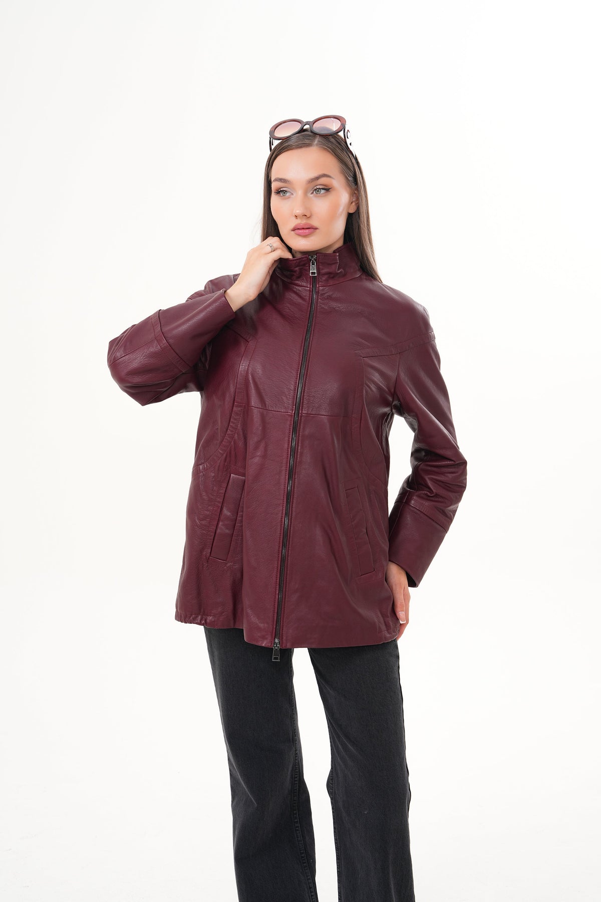 Vinci Leather The Sierra Burgundy Leather Women Jacket – product view 9