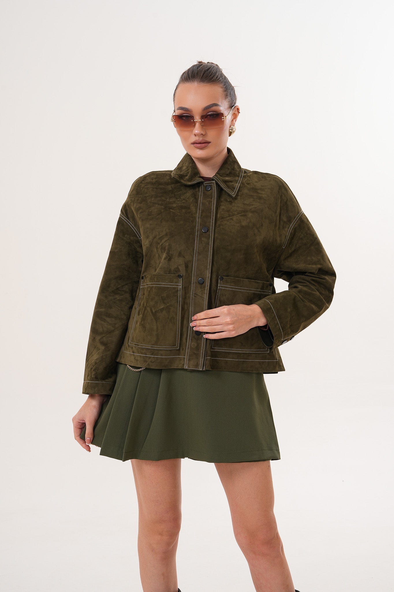 The Solviera Reversible Olive Suede Leather Women Jacket