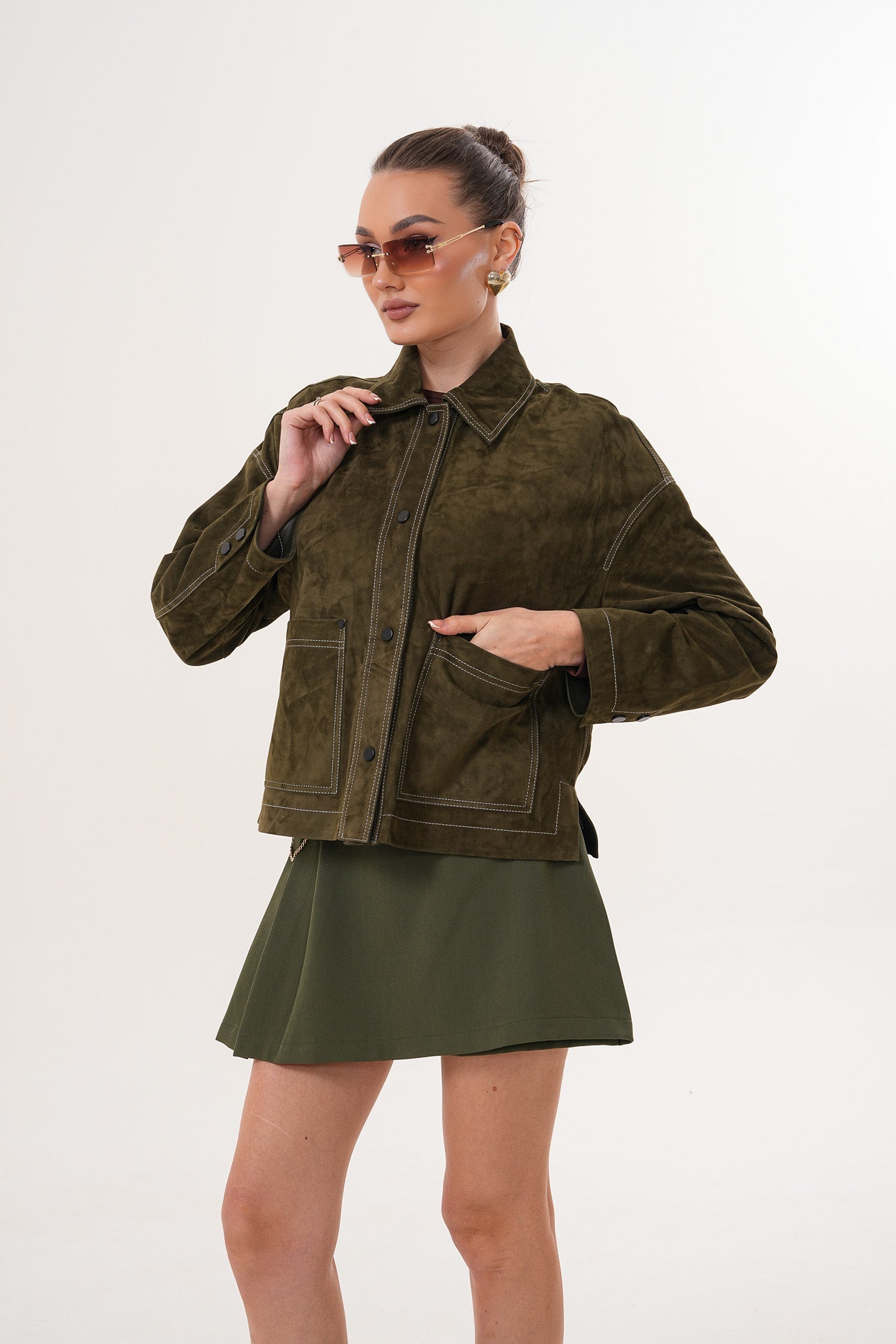 The Solviera Reversible Olive Suede Leather Women Jacket
