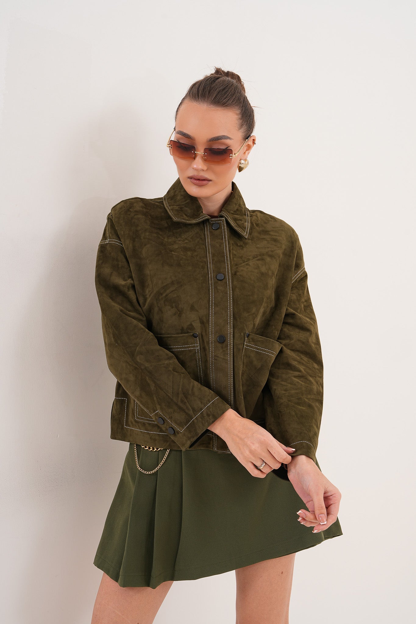 The Solviera Reversible Olive Suede Leather Women Jacket