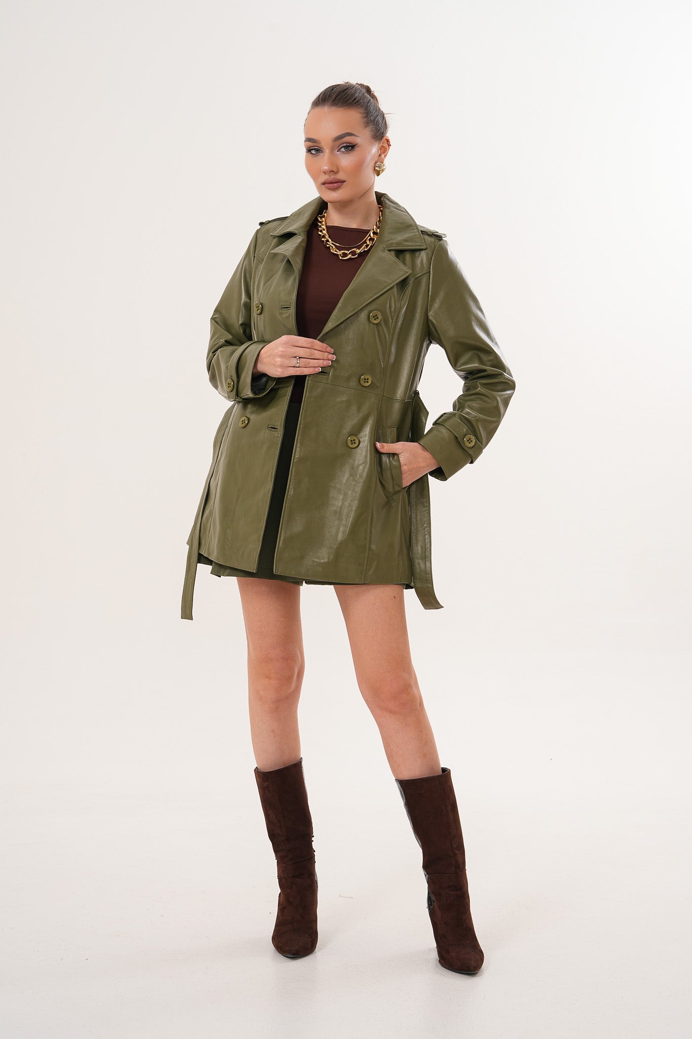 The Caelith Olive Green Leather Women Trench Jacket