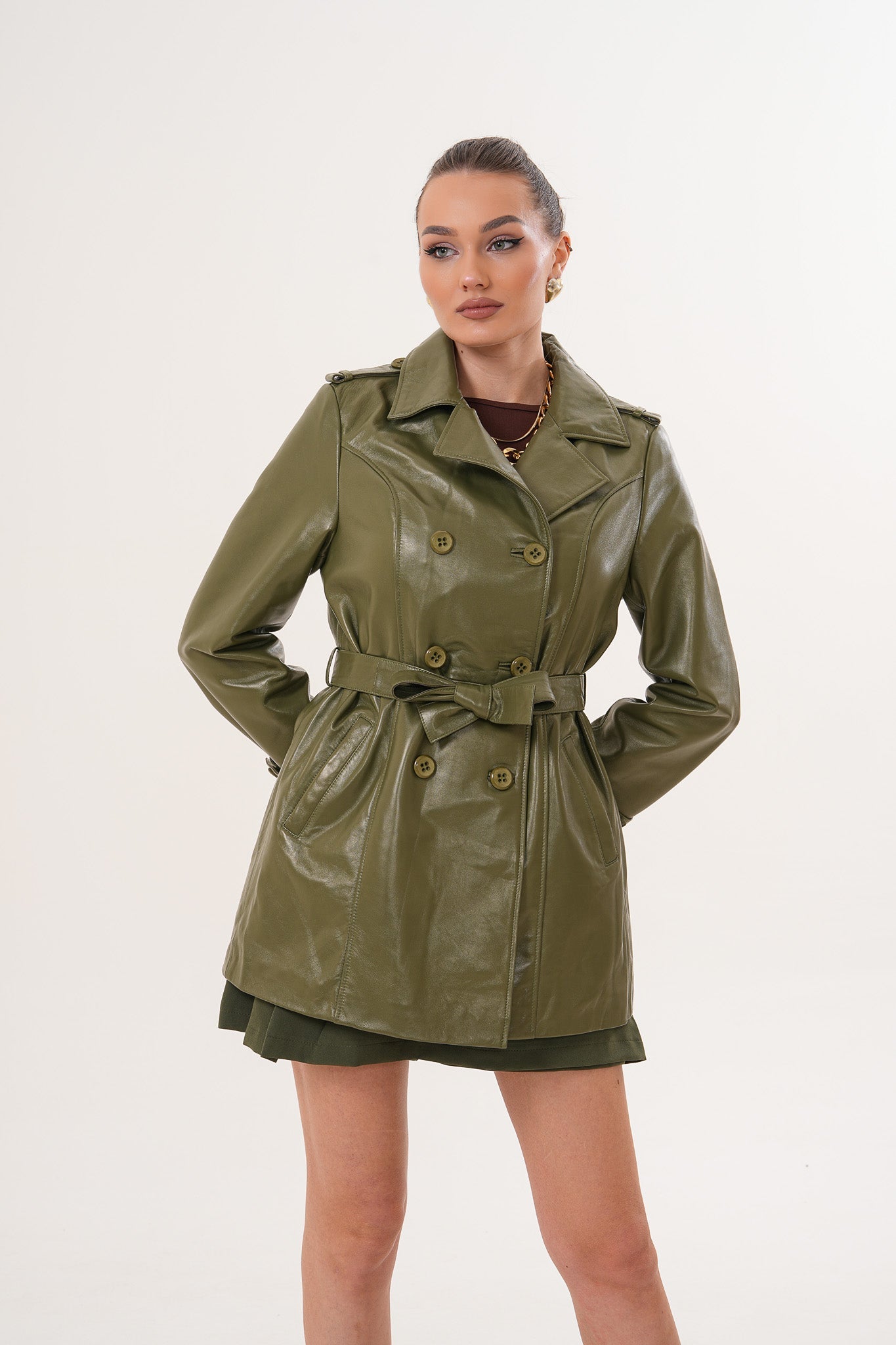 The Caelith Olive Green Leather Women Trench Jacket