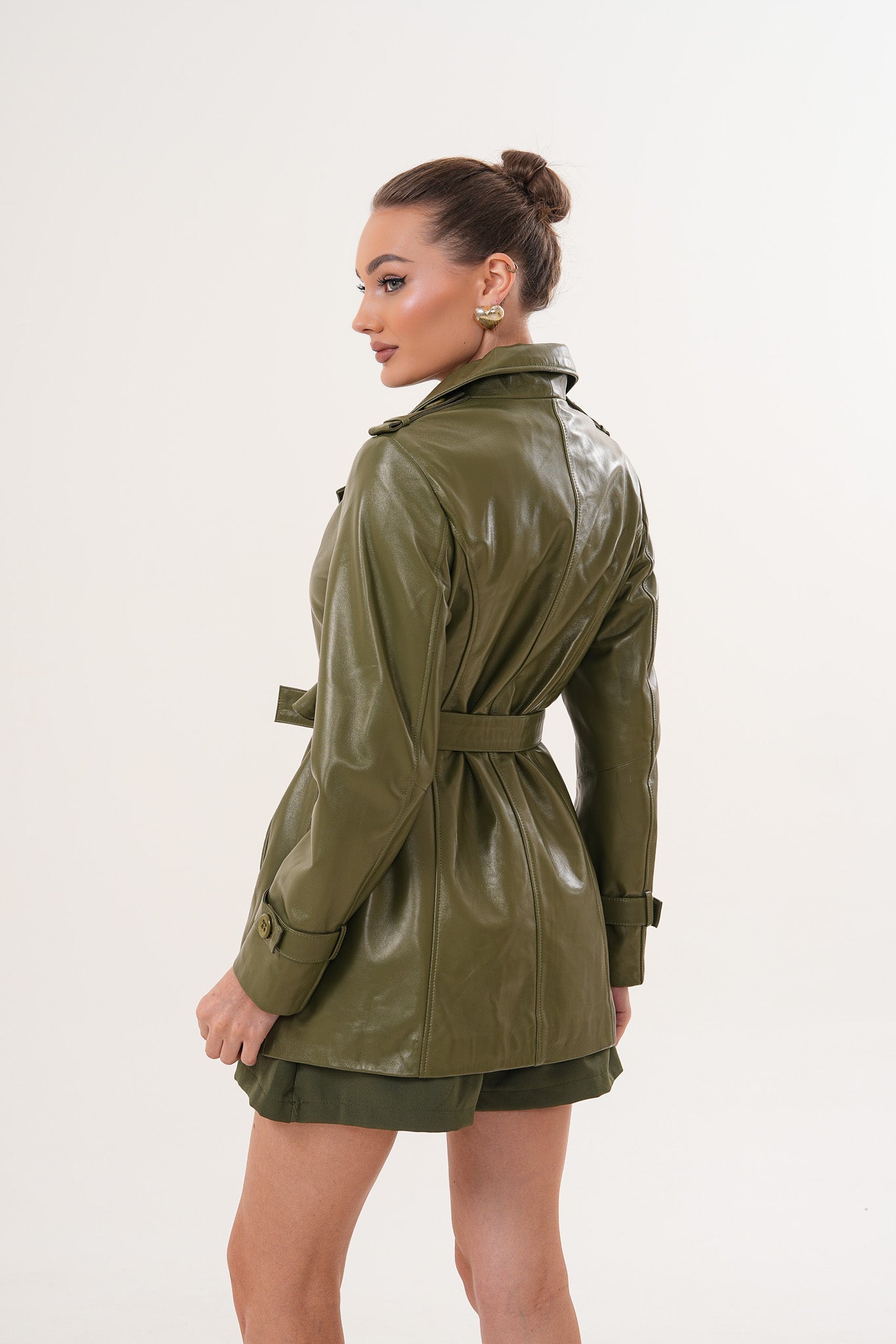 The Caelith Olive Green Leather Women Trench Jacket