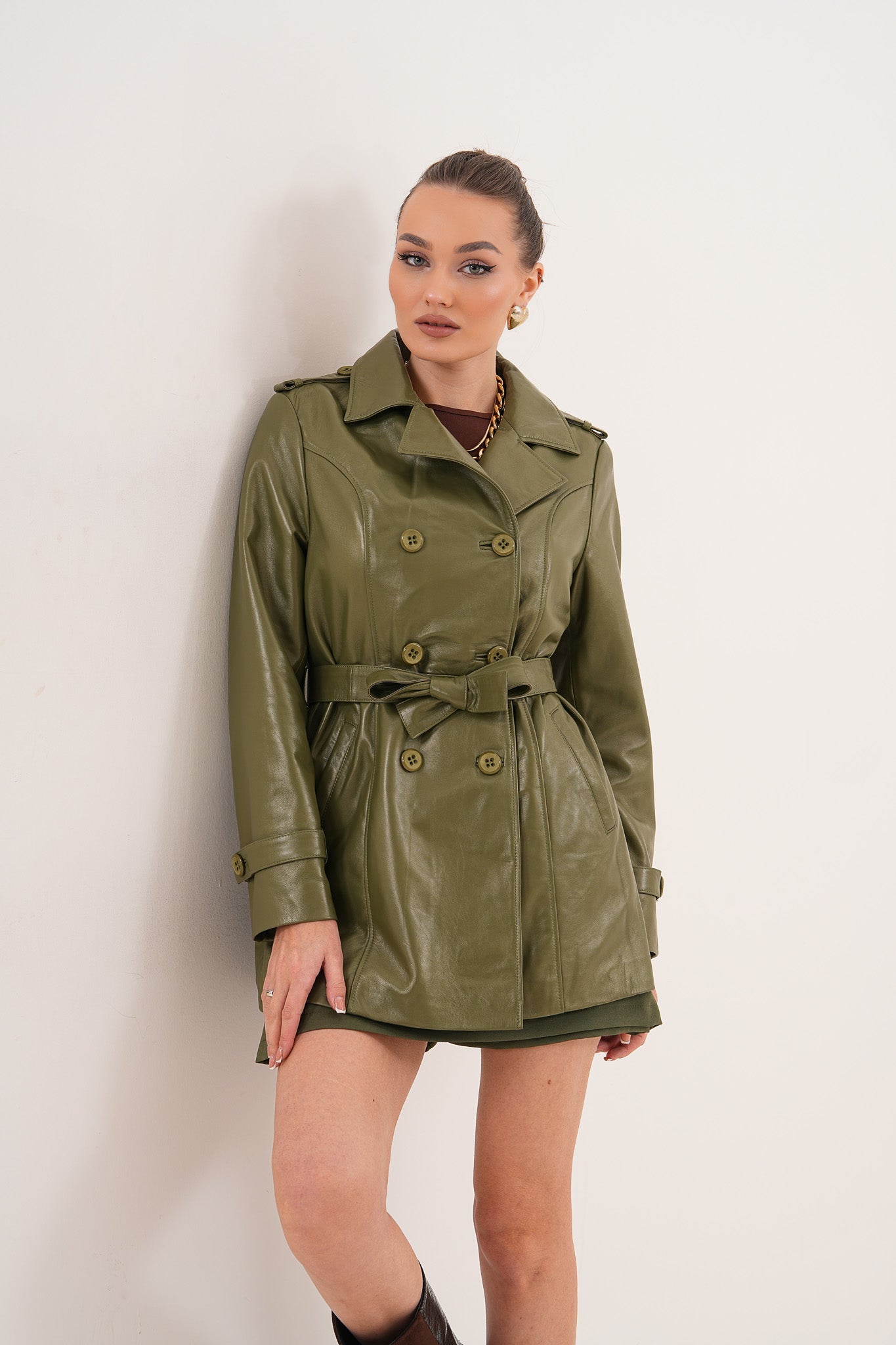The Caelith Olive Green Leather Women Trench Jacket