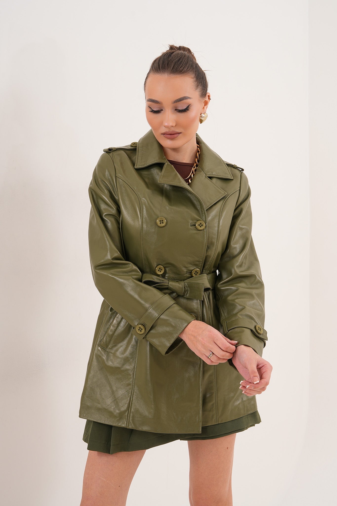 The Caelith Olive Green Leather Women Trench Jacket