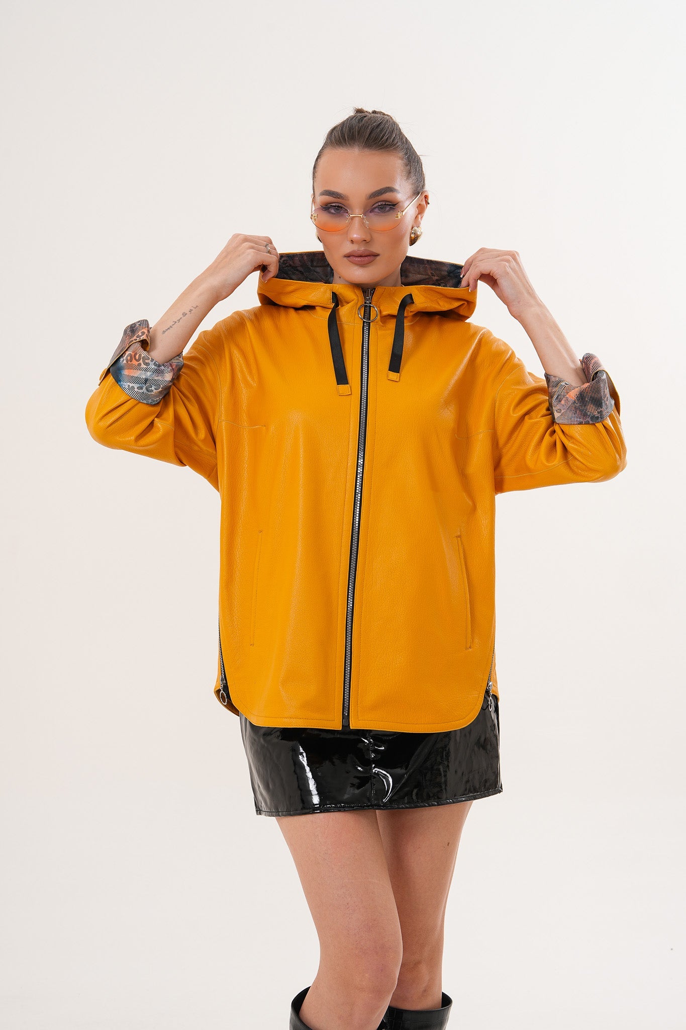 The Nyxara Reversible Hooded Mustard Yellow Leather Women Jacket