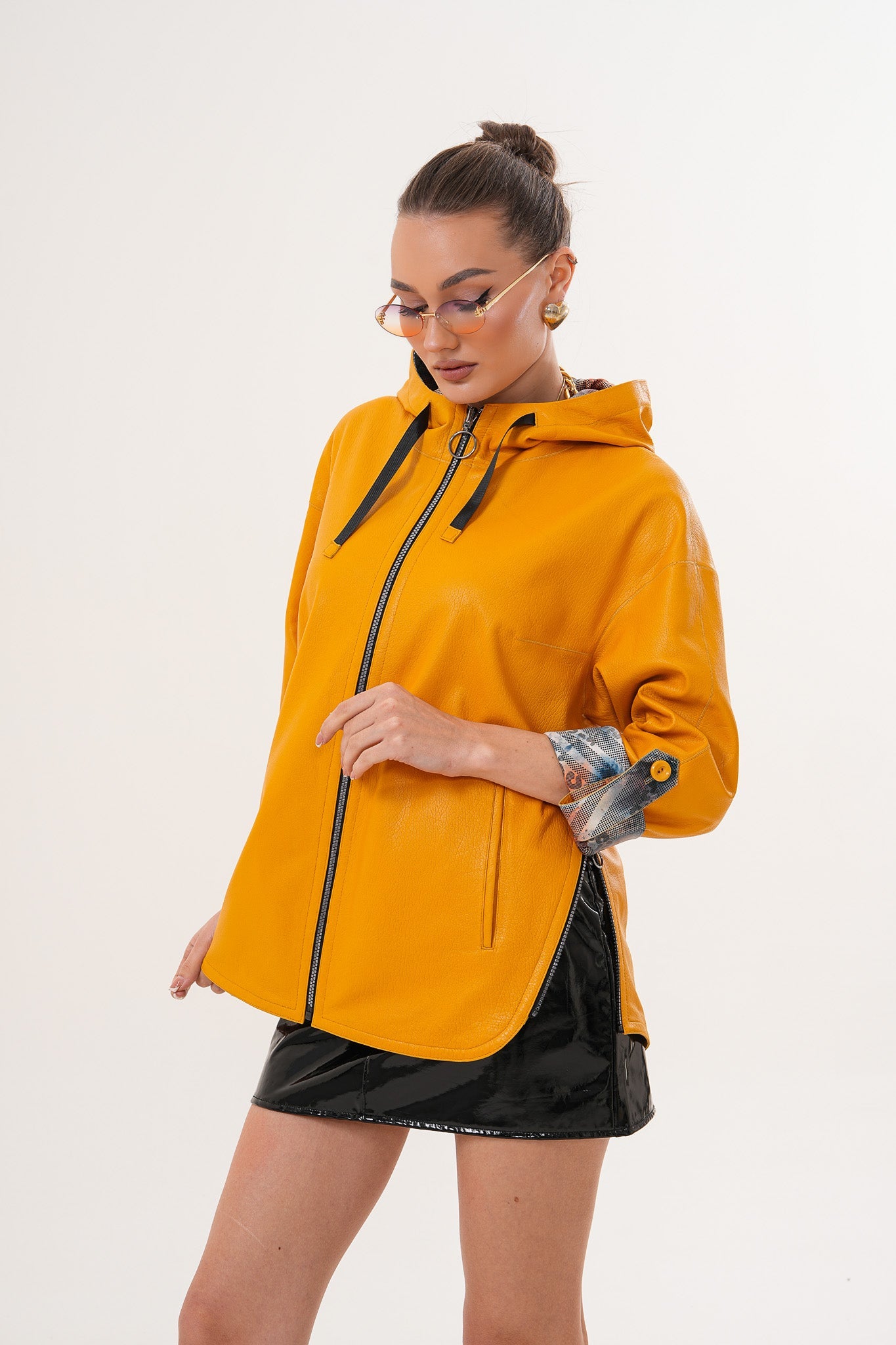 The Nyxara Reversible Hooded Mustard Yellow Leather Women Jacket