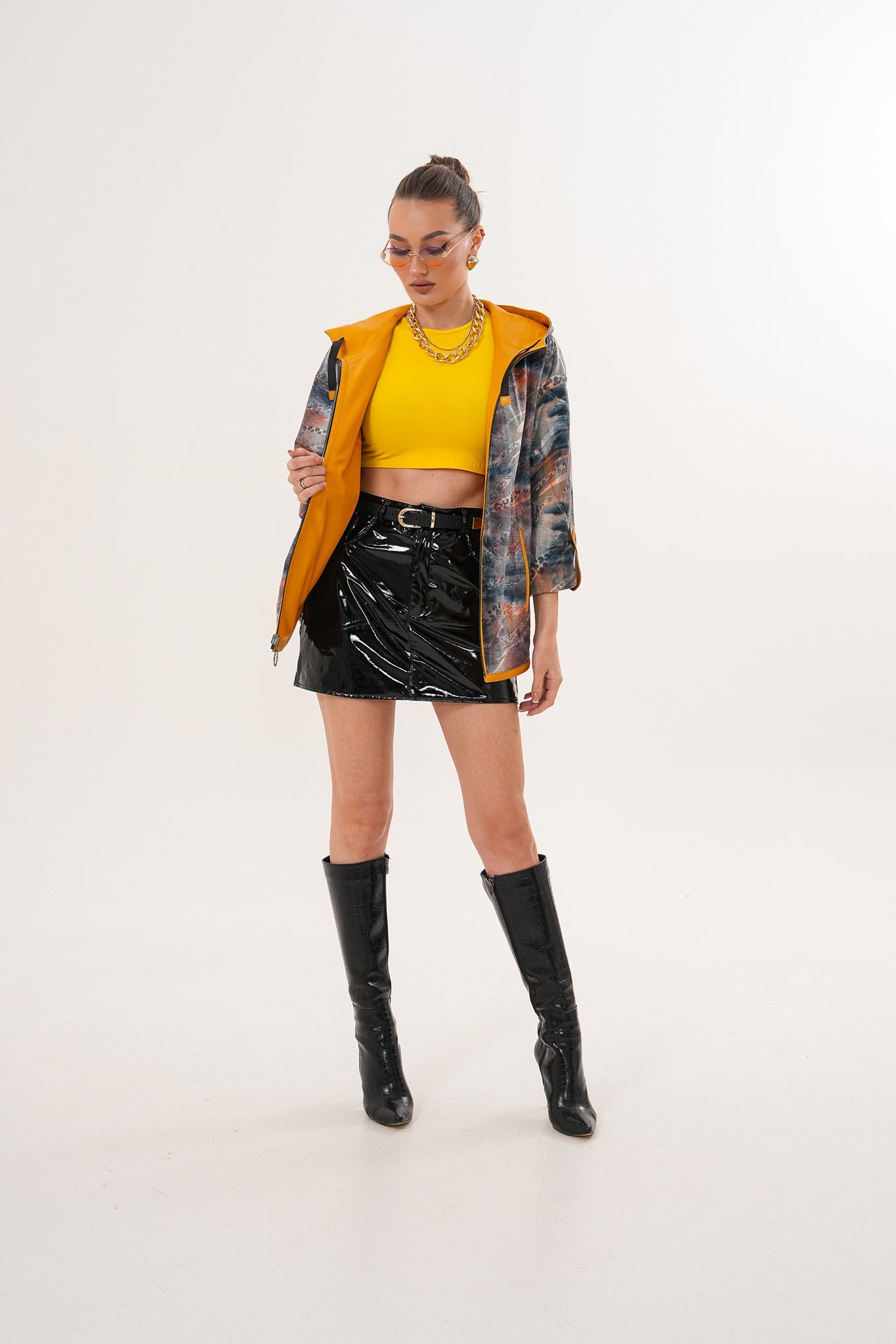 The Nyxara Reversible Hooded Mustard Yellow Leather Women Jacket