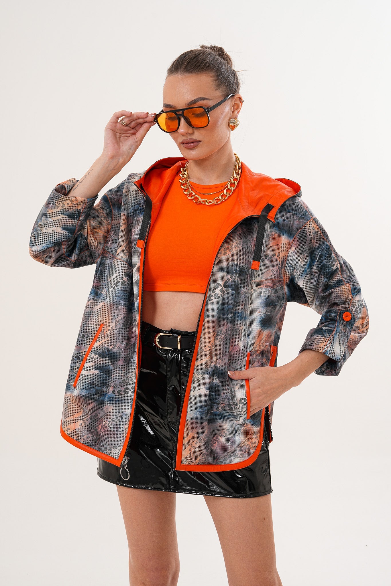 The Nyxara Reversible Hooded Orange Leather Women Jacket