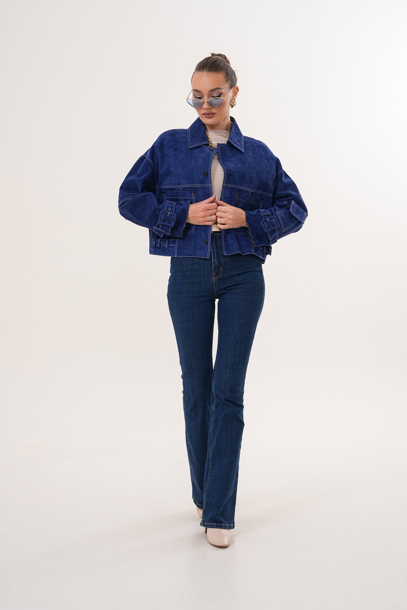 The Velmira Reversible Navy Blue Suede Leather Women Jacket