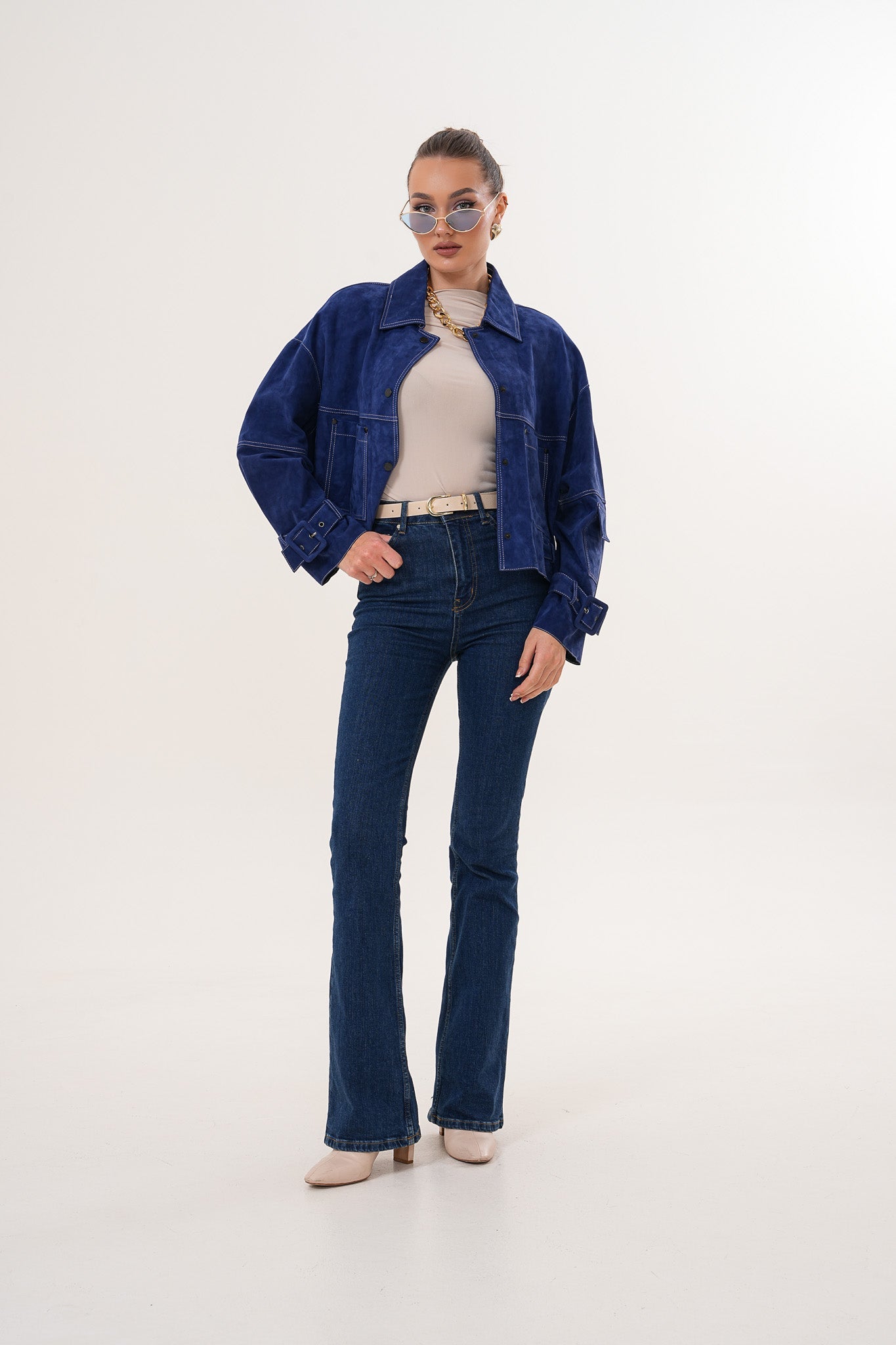 The Velmira Reversible Navy Blue Suede Leather Women Jacket
