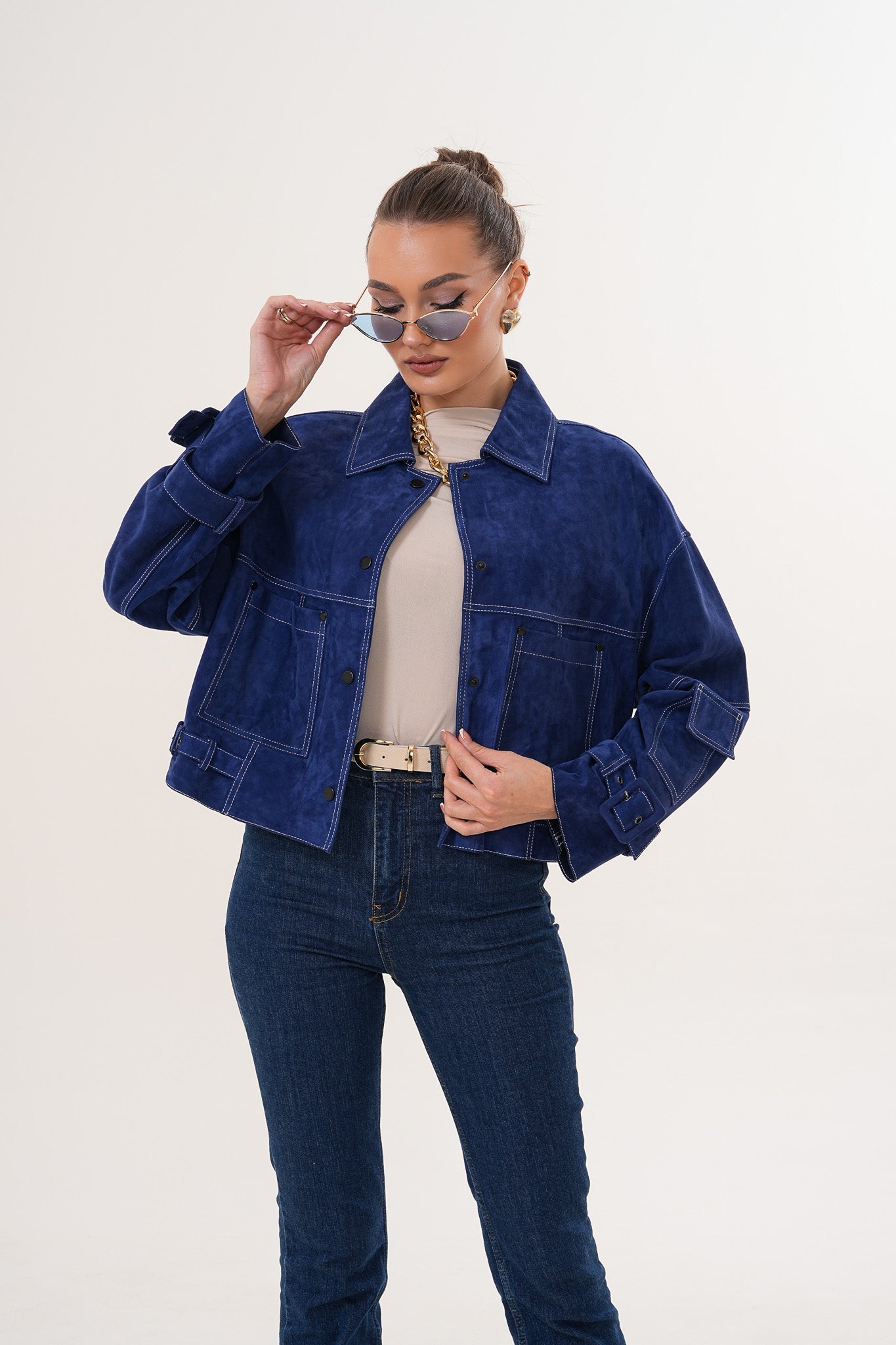 The Velmira Reversible Navy Blue Suede Leather Women Jacket