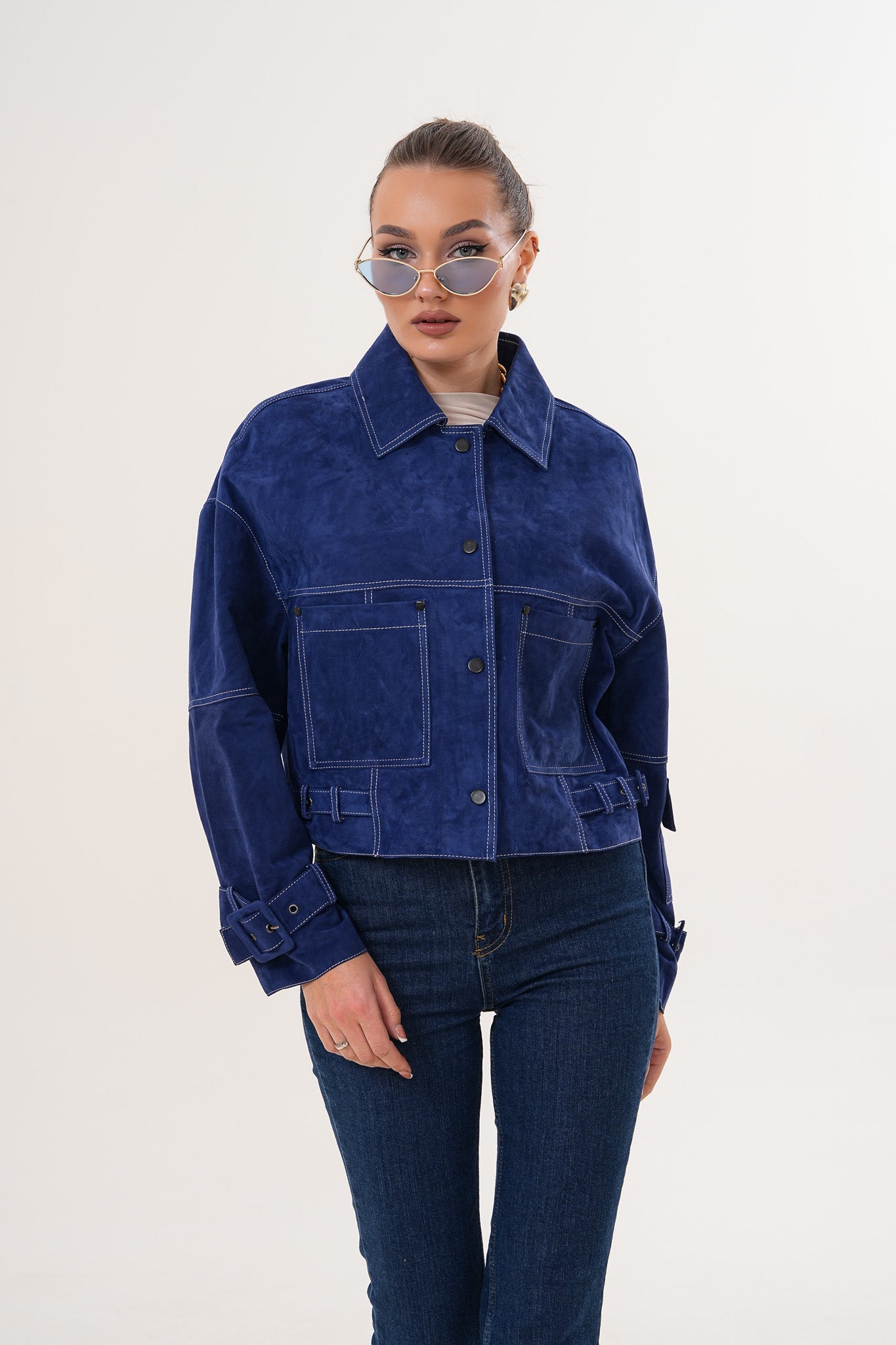 The Velmira Reversible Navy Blue Suede Leather Women Jacket