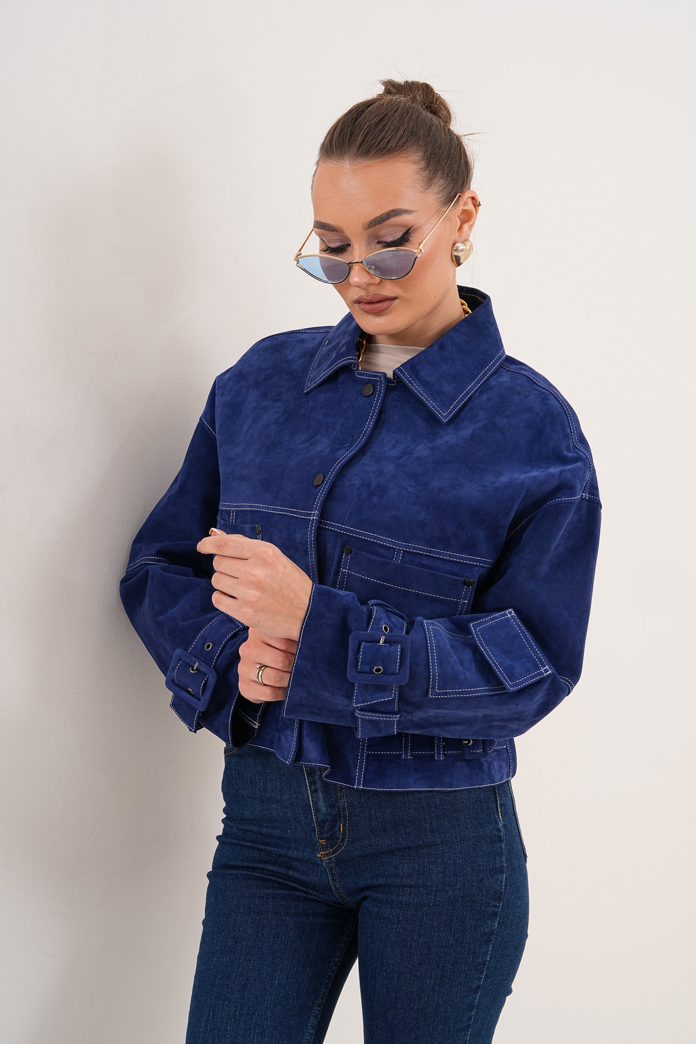 The Velmira Reversible Navy Blue Suede Leather Women Jacket