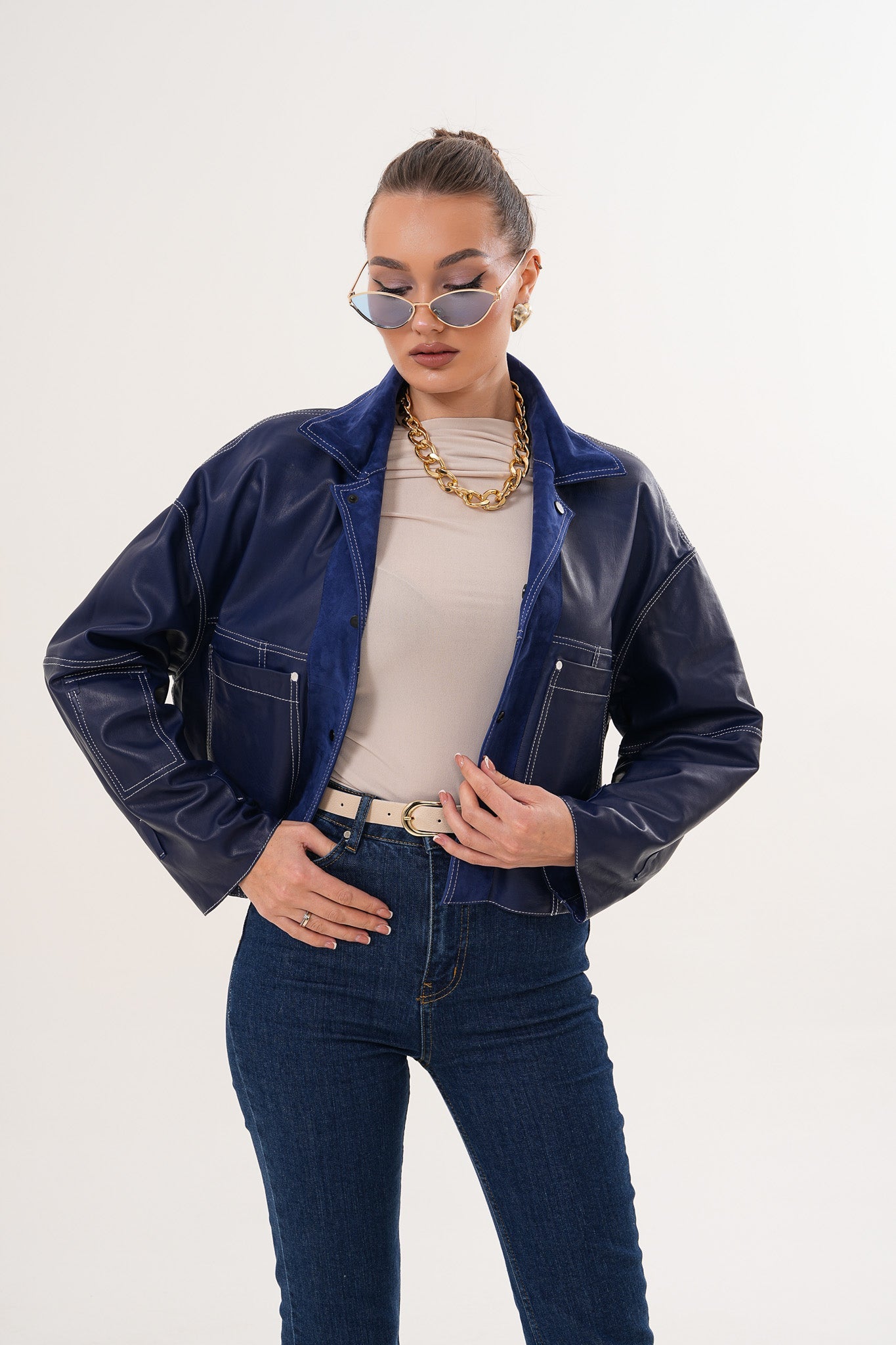 The Velmira Reversible Navy Blue Suede Leather Women Jacket