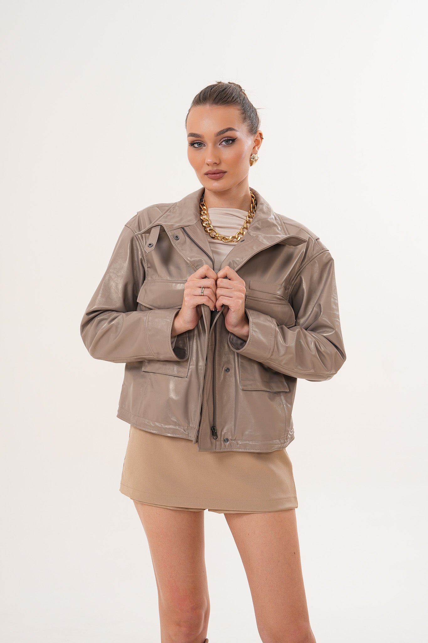 The Ravelyn Taupe Leather Women Jacket