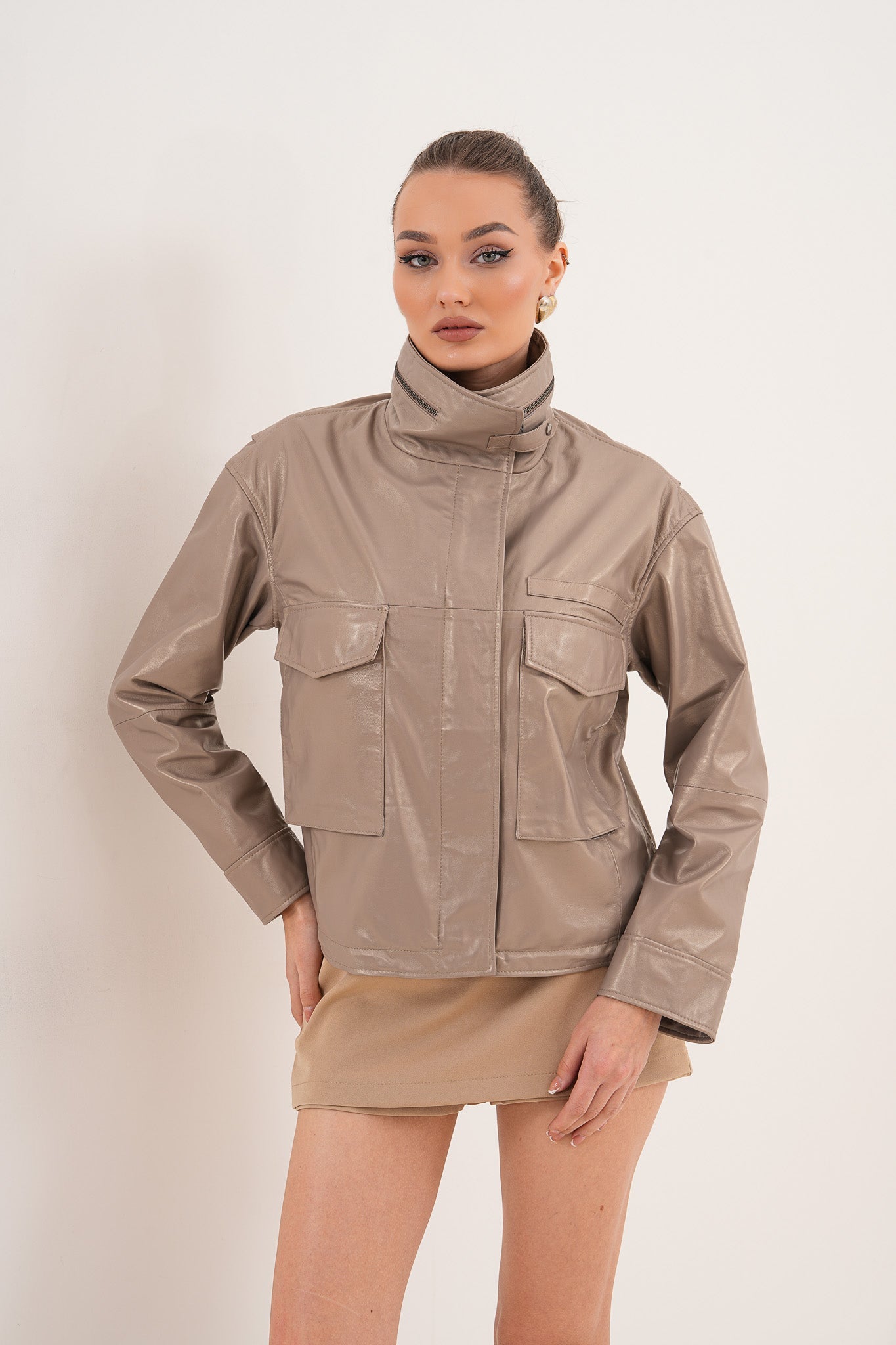 The Ravelyn Taupe Leather Women Jacket