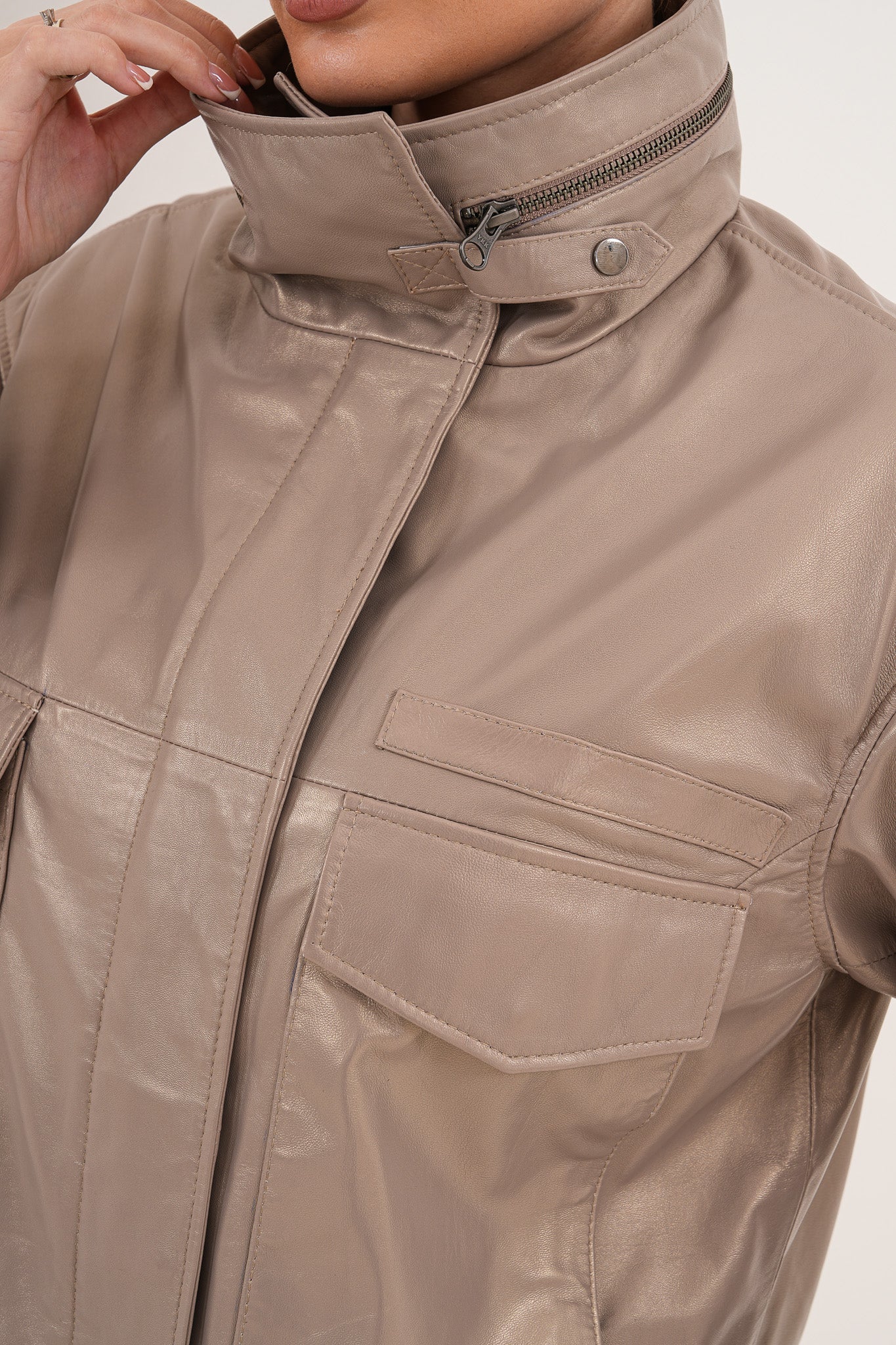 The Ravelyn Taupe Leather Women Jacket