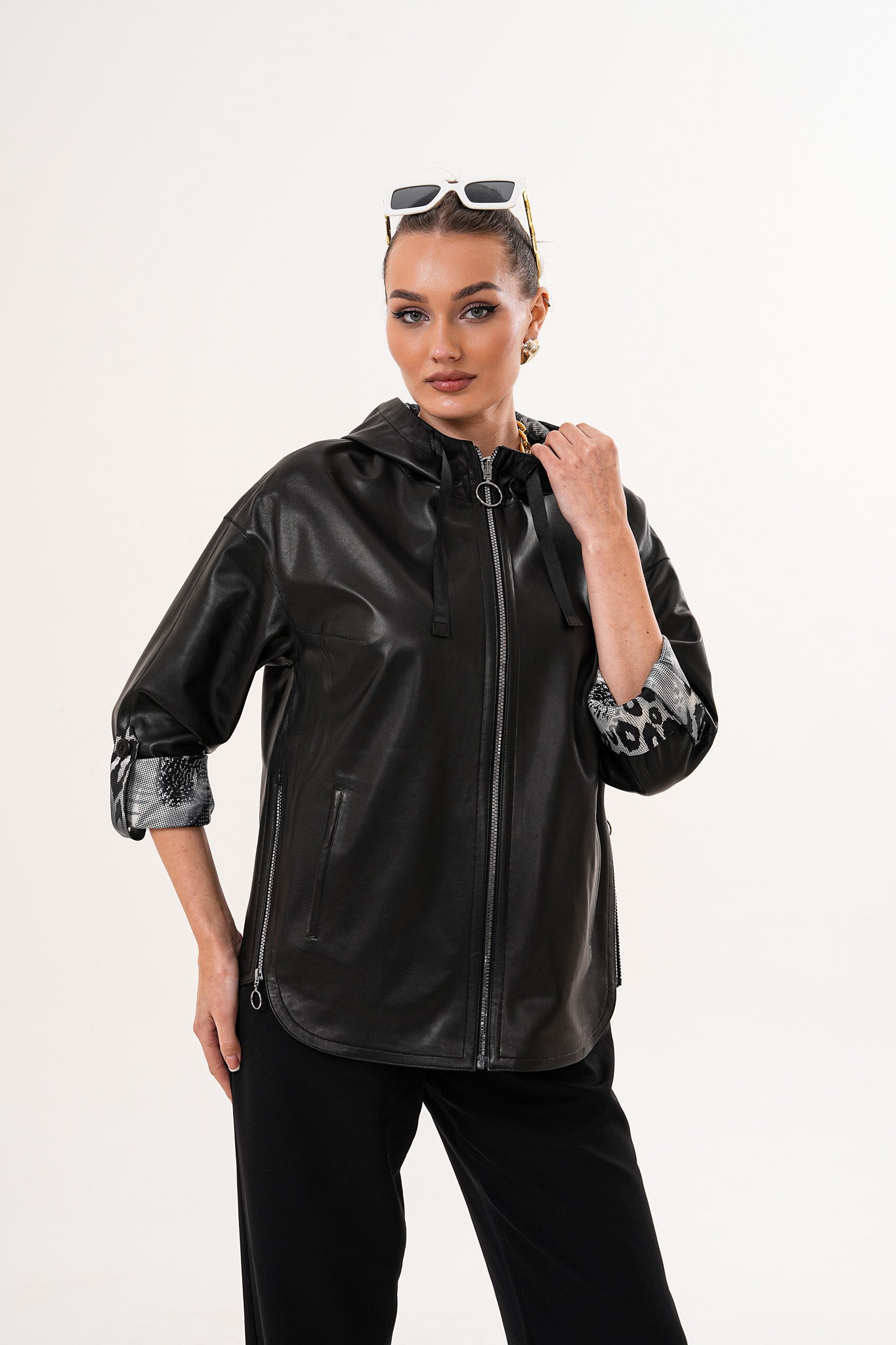 The Nyxara Reversible Hooded Black Leather Women Jacket