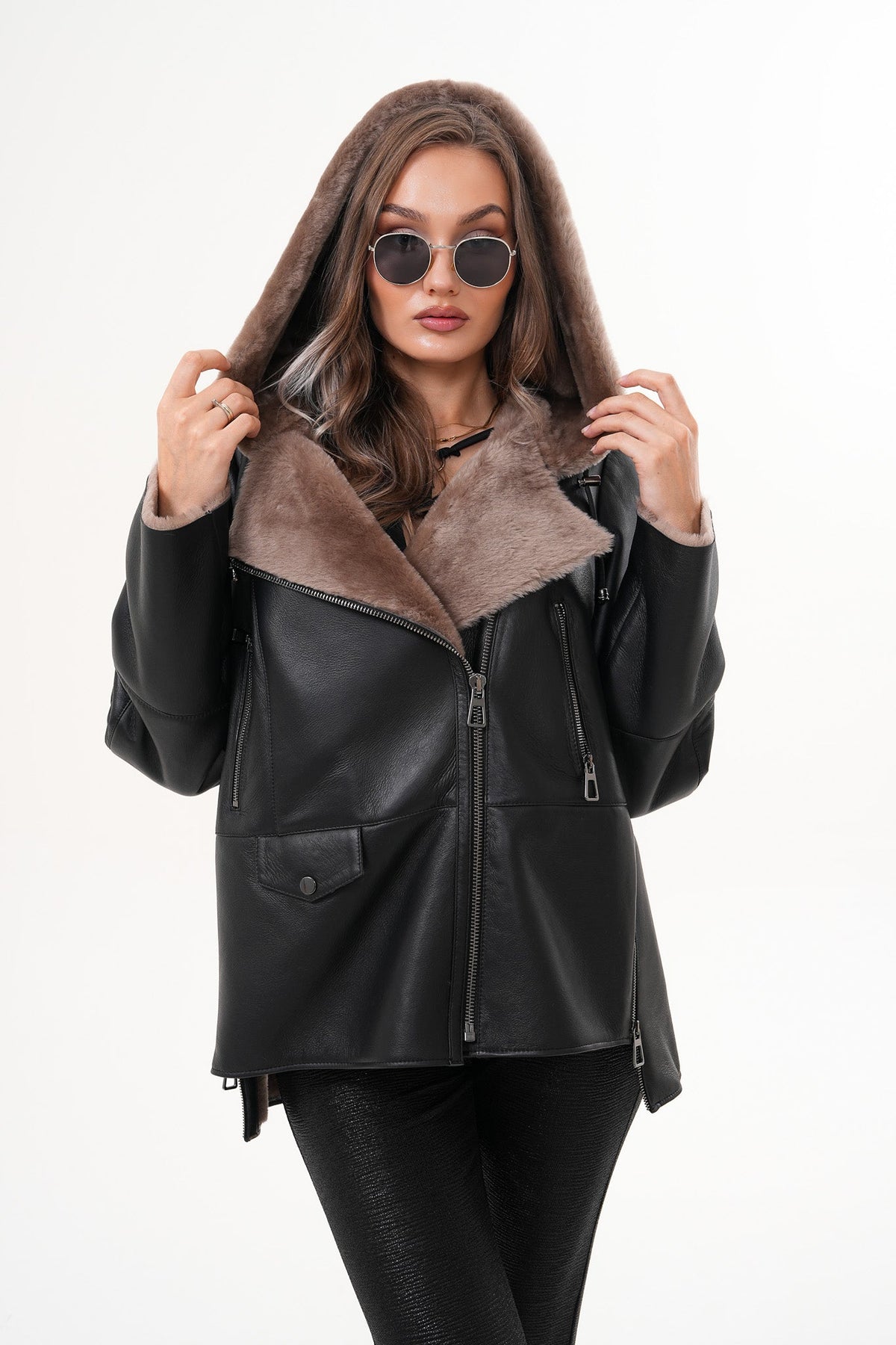 Vinci Leather The Duchess Shearling Brown Leather Women Hooded Jacket – product view 6