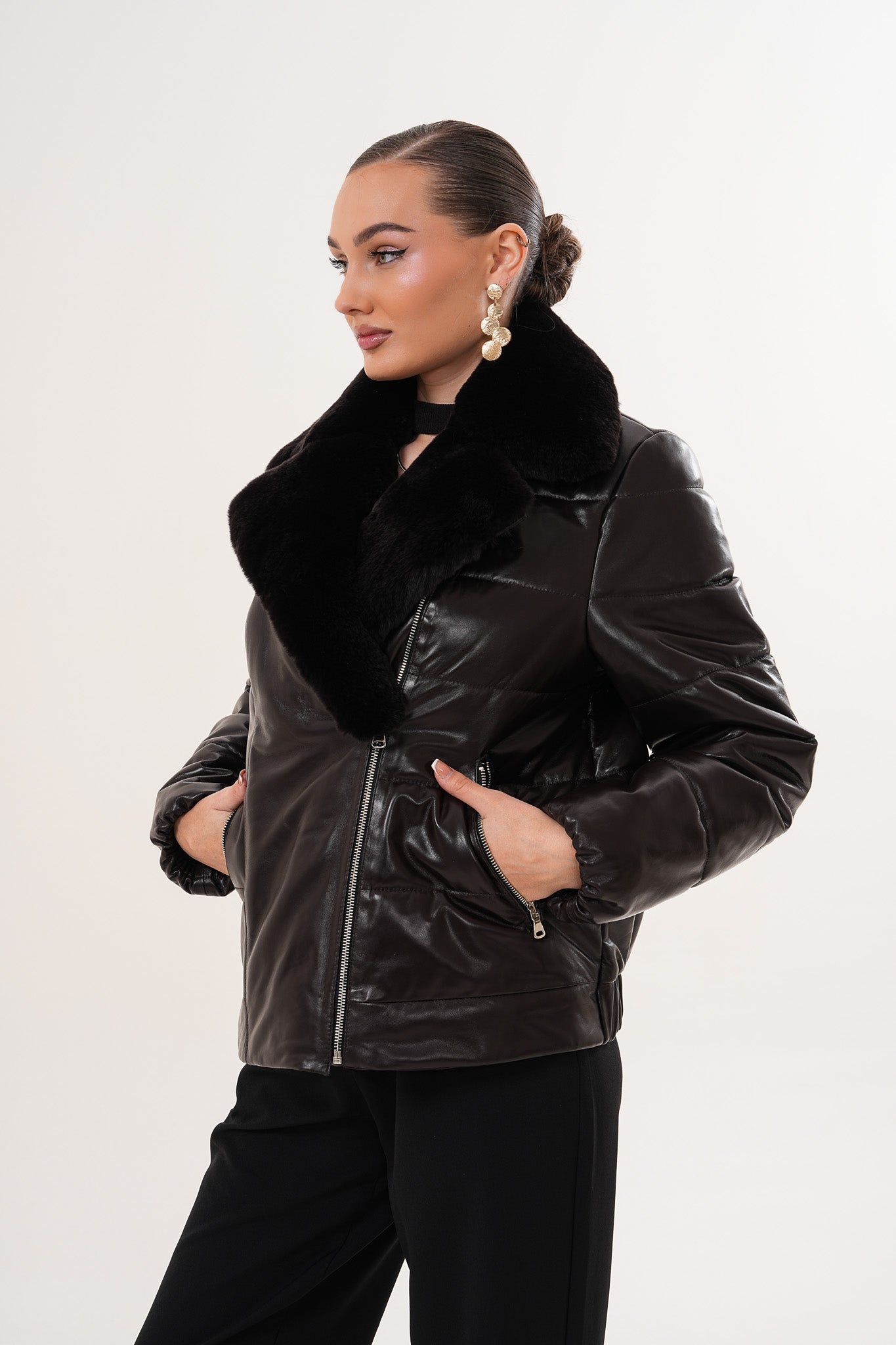 The Elvaris Dark Chocolate Leather Women Jacket with Fur Collar