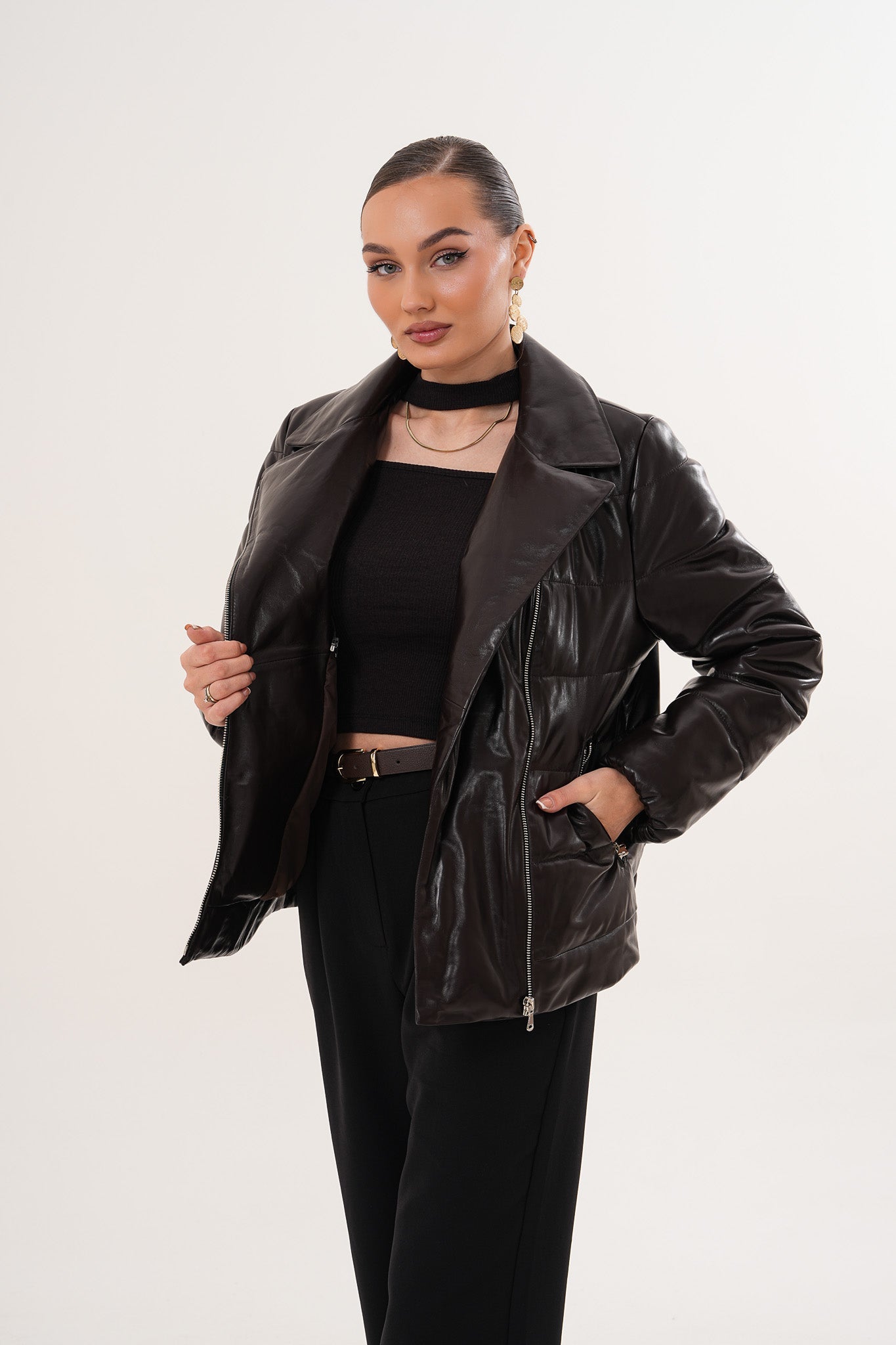 The Elvaris Dark Chocolate Leather Women Jacket with Fur Collar