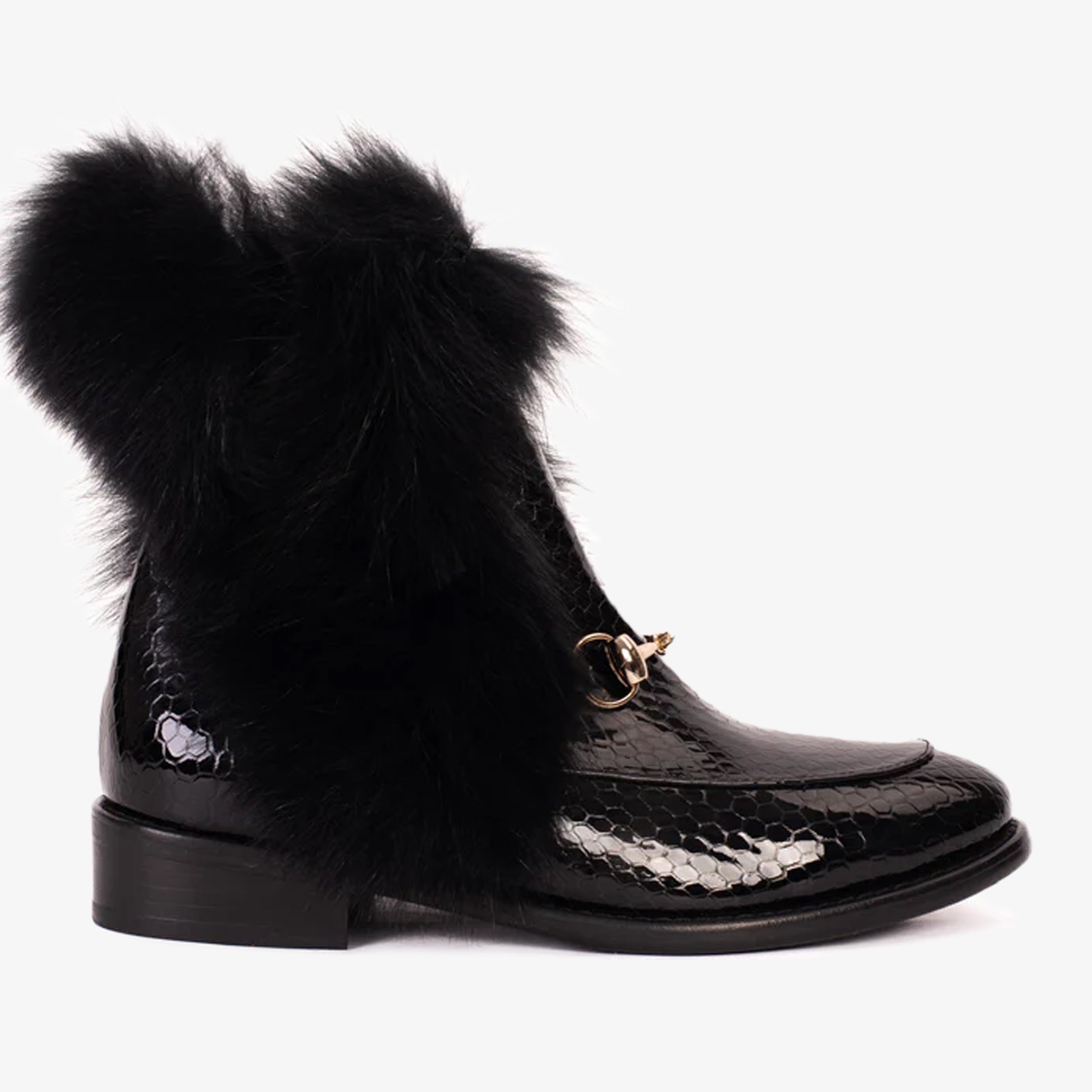 The Izmir Black Patent Leather Natural Fur Mid Calf Women Boot