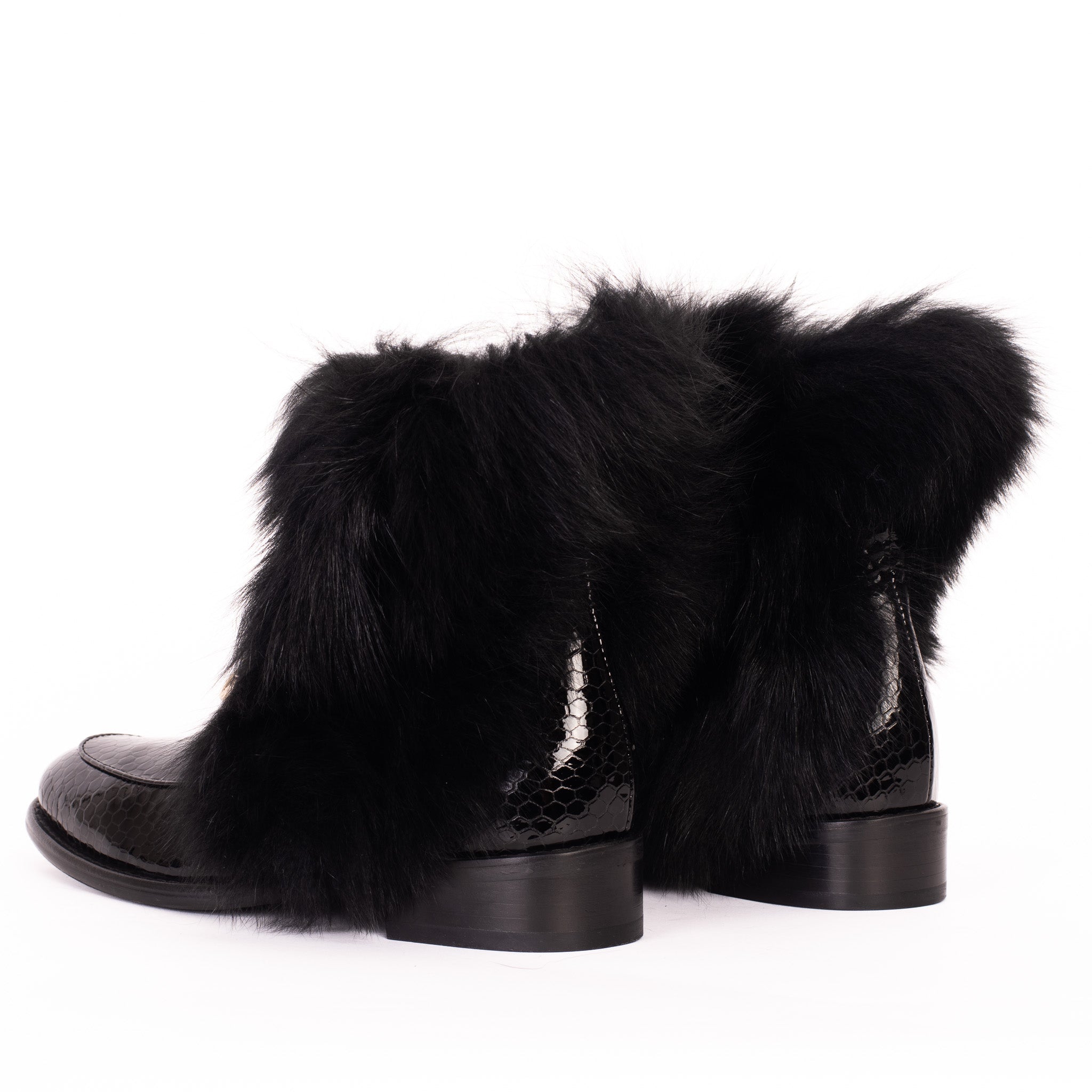 The Izmir Black Patent Leather Natural Fur Mid Calf Women Boot